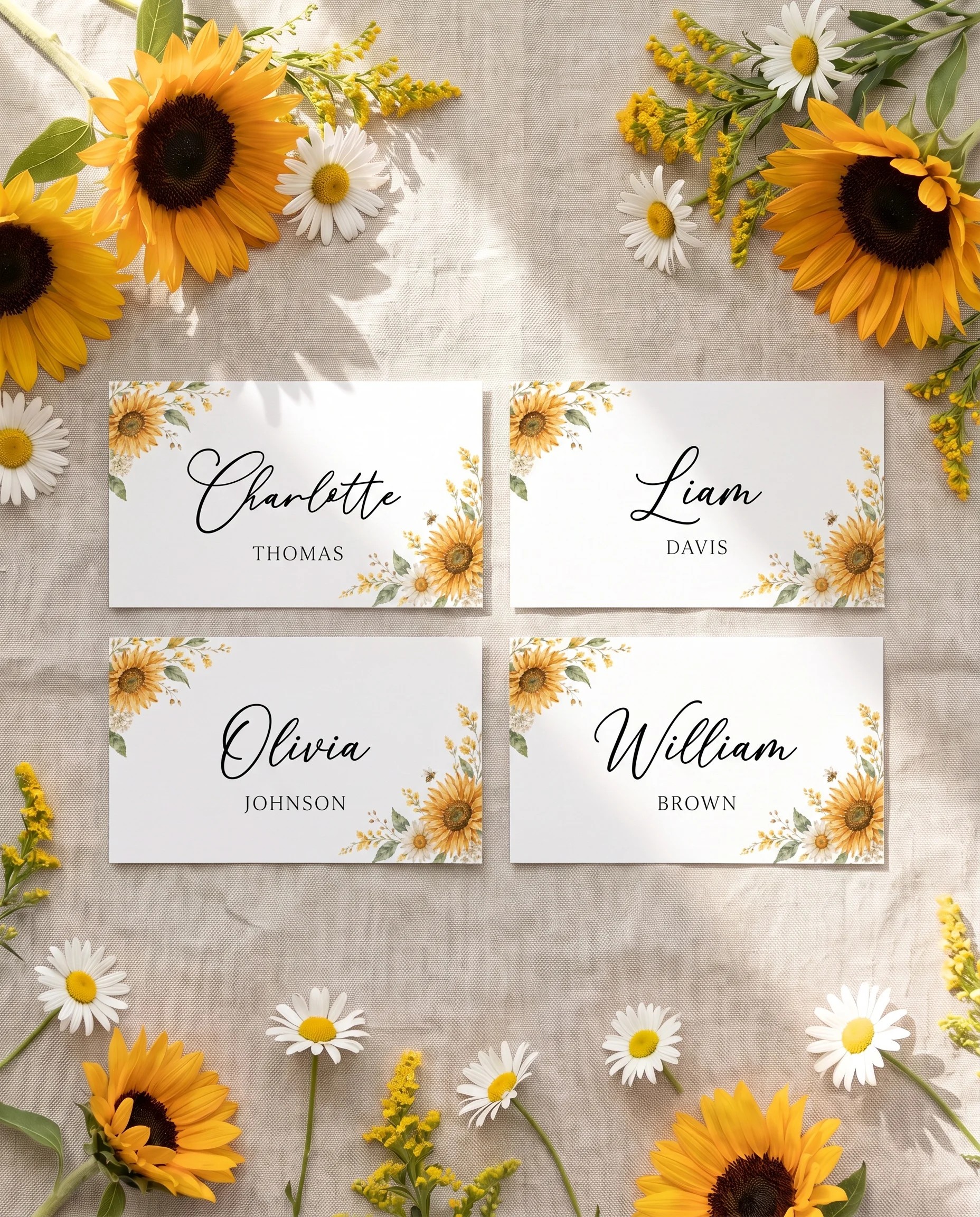 Honeyfield wedding place cards — several place cards shown flat under soft natural light on premium editorial paper, wedding place cards.