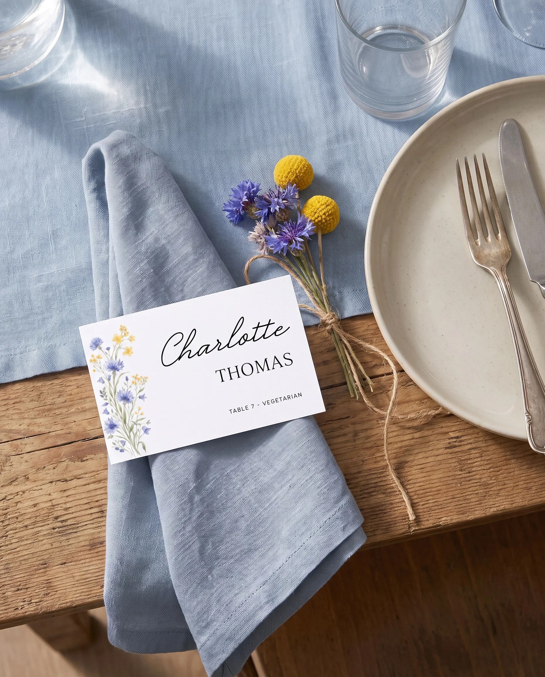 Cornflower wedding place cards — a single card displayed at a set place setting under soft natural light, wedding name cards.