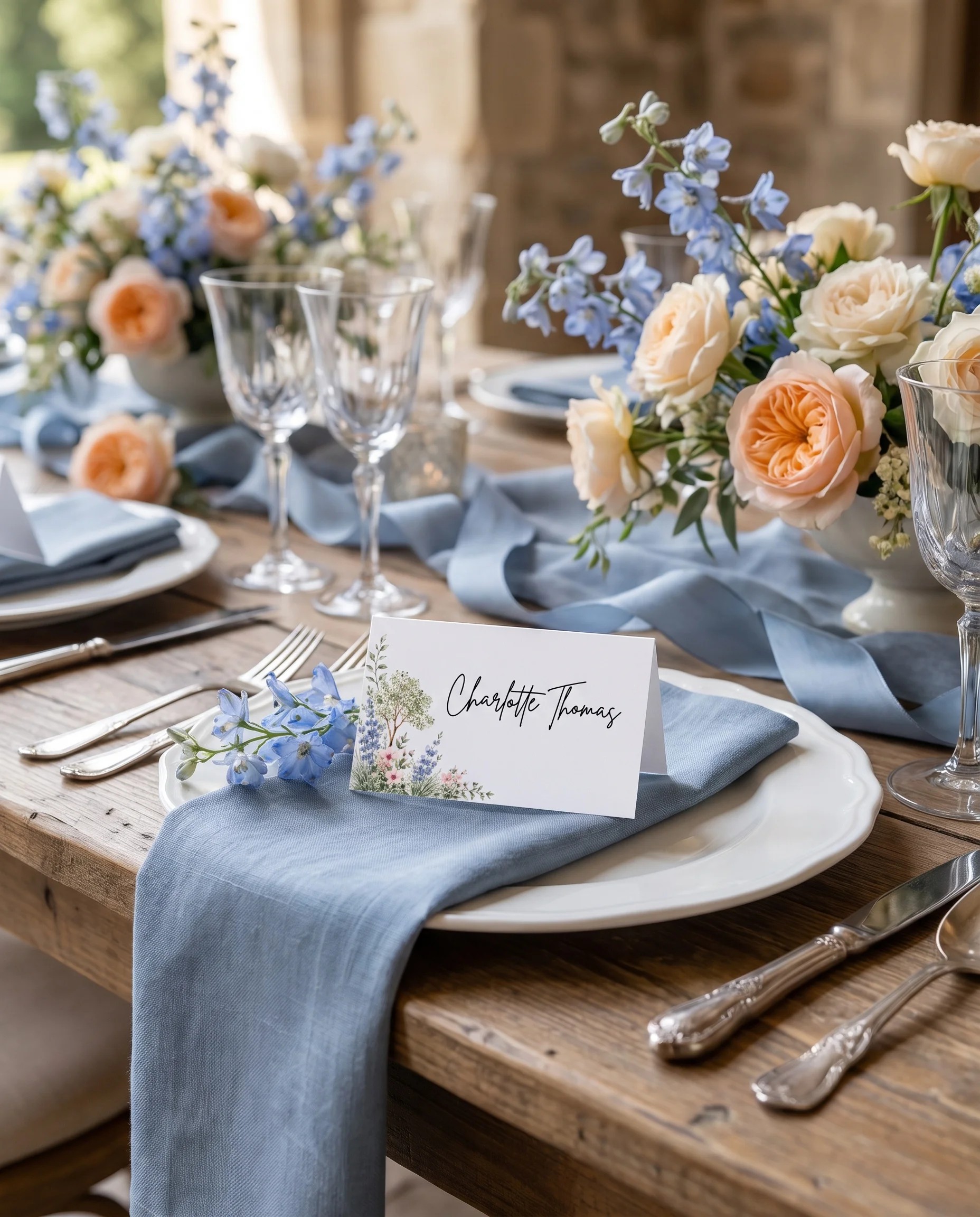 Meadow Spire wedding place cards — a single place card shown at a set table setting under soft natural light, wedding name cards.