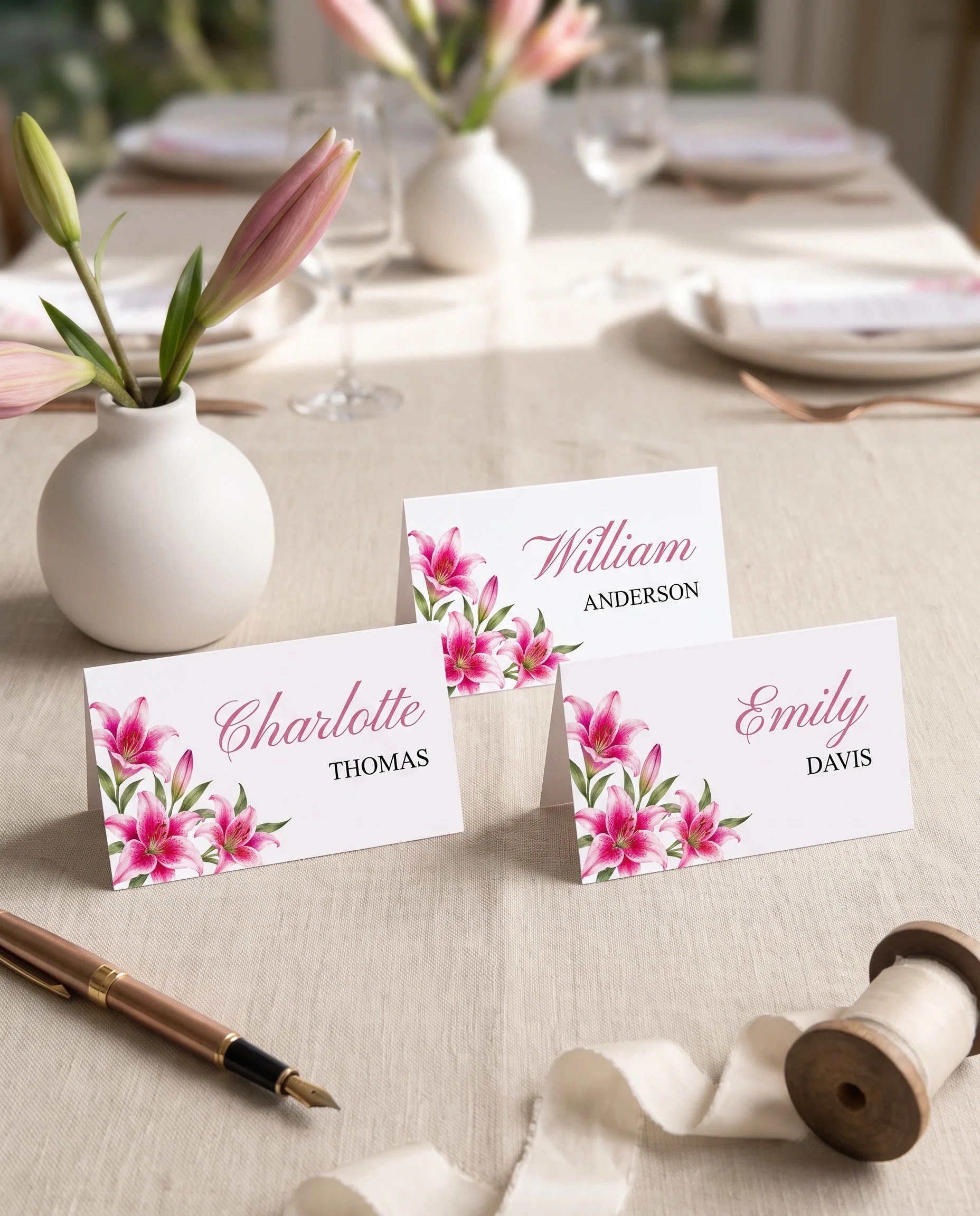 Lily Bloom wedding place cards — cards arranged on a dressed reception table under soft natural light, place card template.