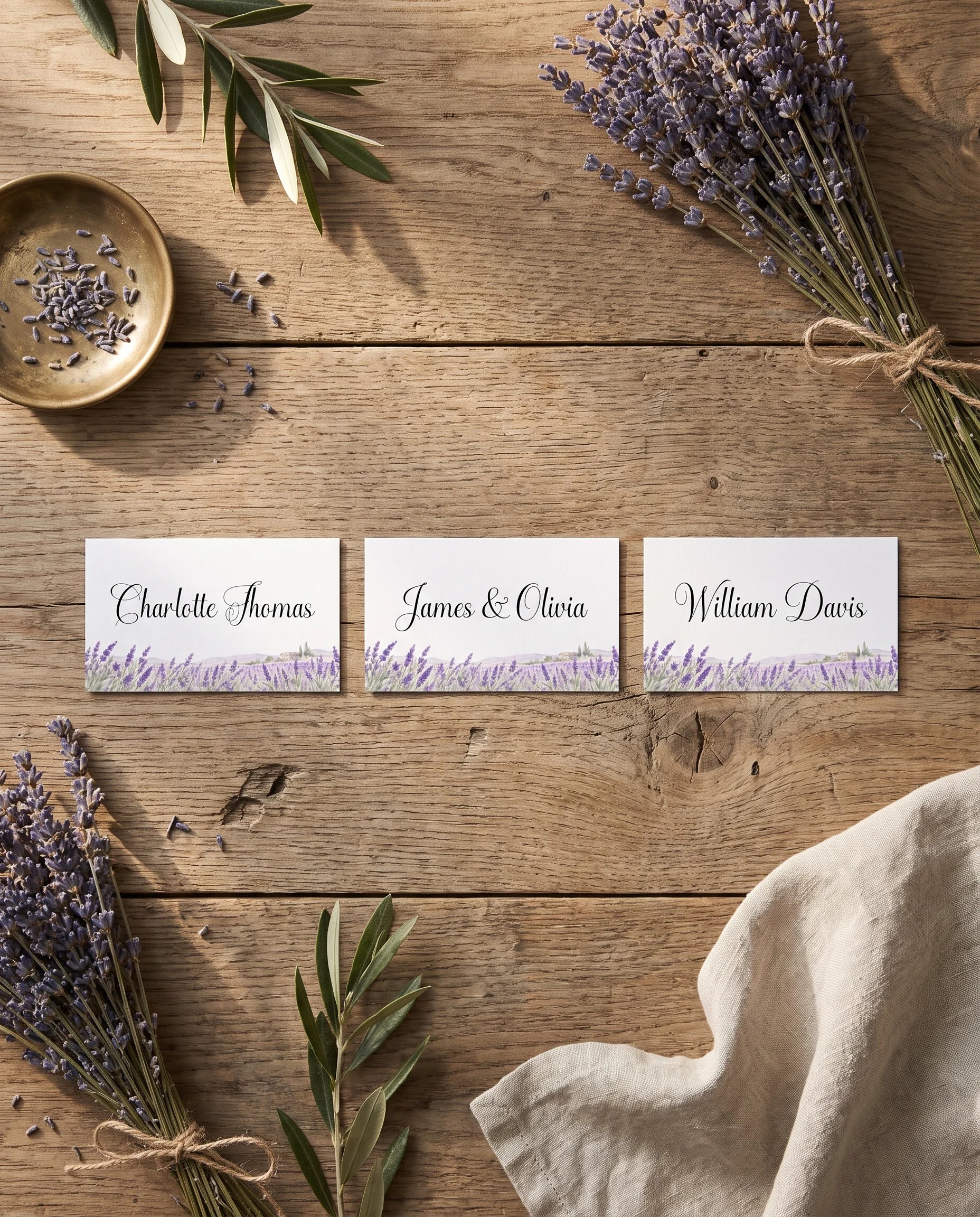 Provence Fields wedding place cards — several place cards shown flat under soft natural light on premium editorial paper, wedding place cards.
