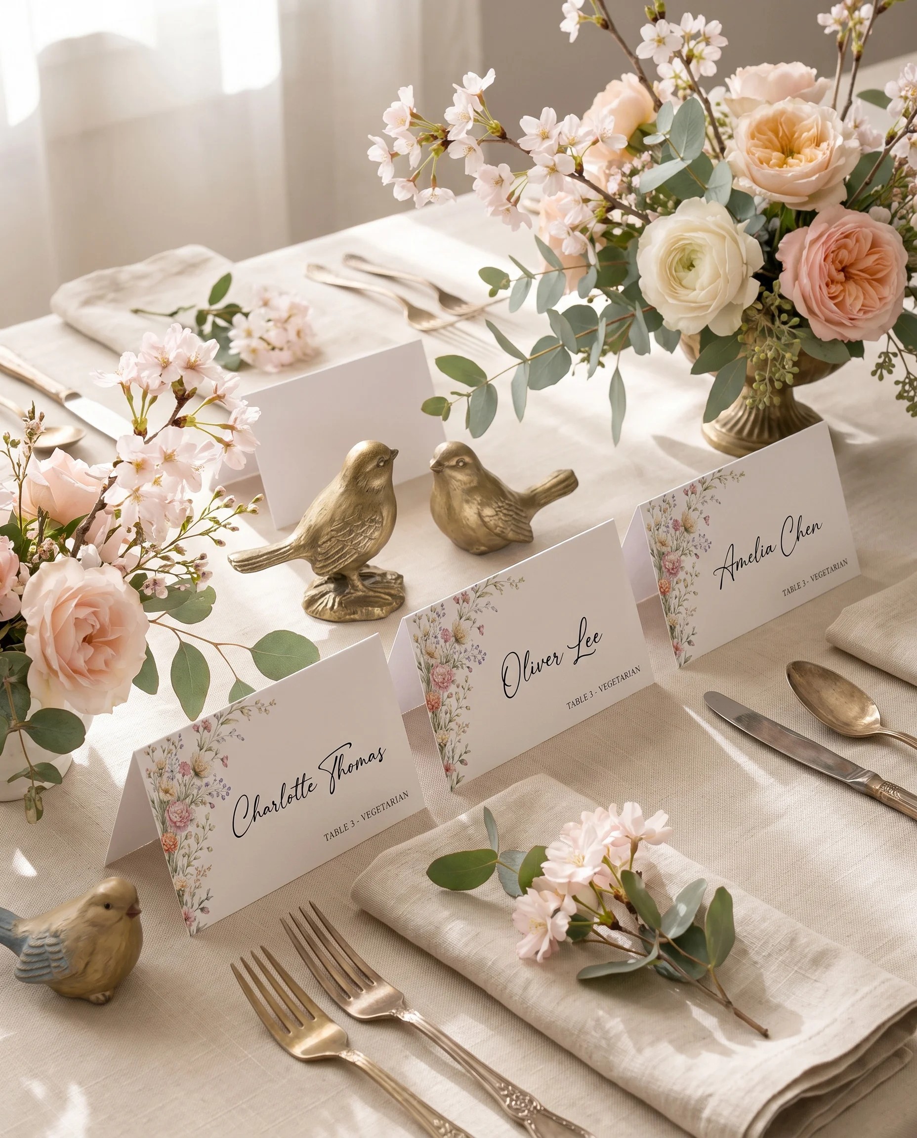 Petal Arbor wedding place cards — several cards arranged on a dressed reception table under soft natural light, place card template.