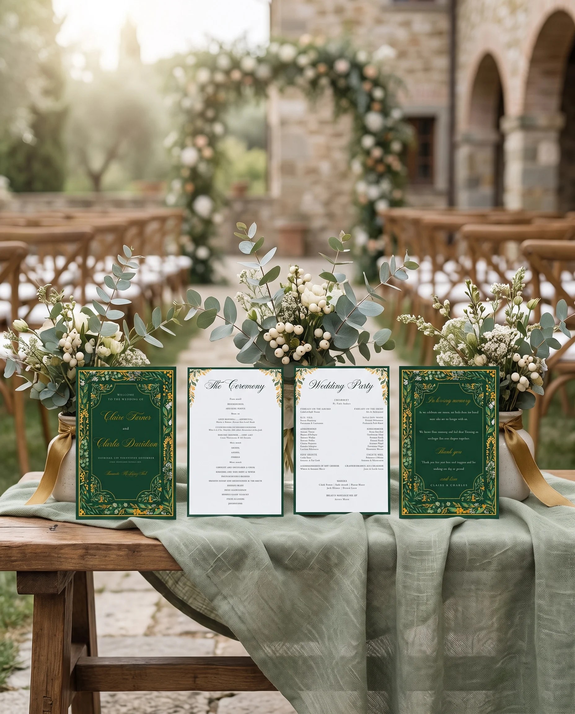 Gilded Foliage wedding program — four flat cards standing upright at a ceremony under soft natural light, wedding program template.