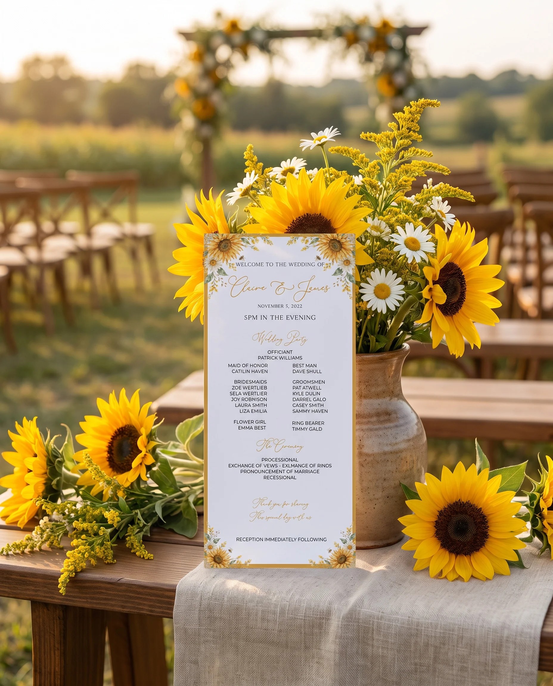 Honeyfield wedding program — flat card standing upright at a ceremony, slight overhead angle in soft natural light, wedding program template.