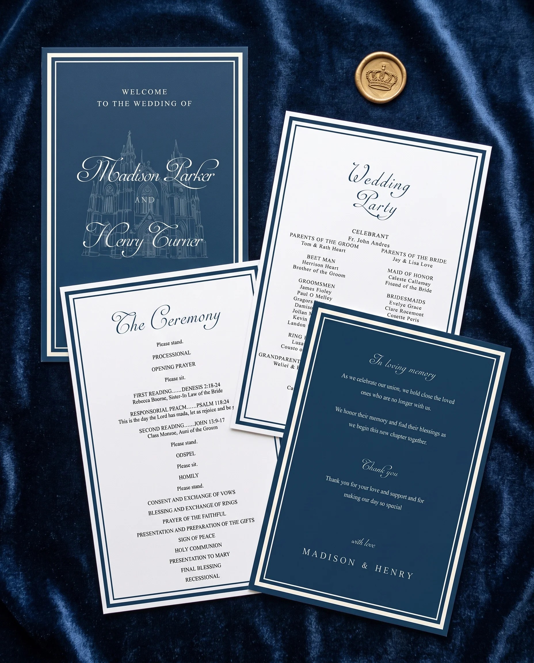 Windsor Crown wedding program — four flat cards arranged above on premium editorial paper in soft natural light, wedding programs.