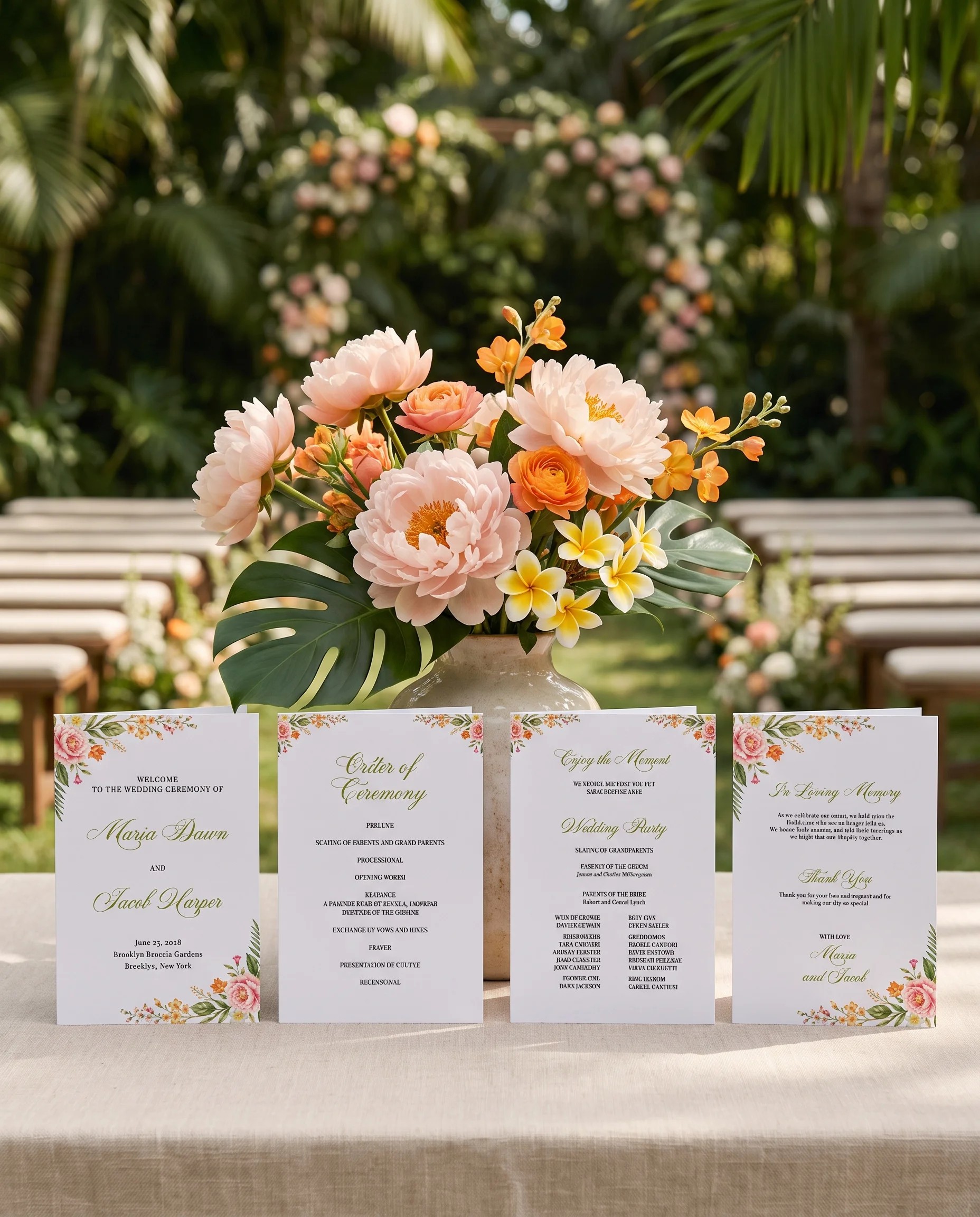 Plumeria Peony wedding program — four flat card designs standing upright at a ceremony under soft natural light, wedding program template.