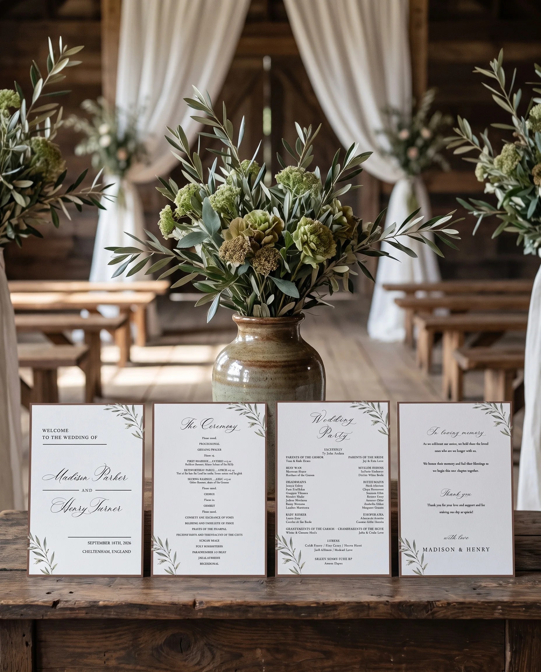 Olive Arc wedding program — four flat program cards standing upright at a ceremony in soft natural light, wedding program template