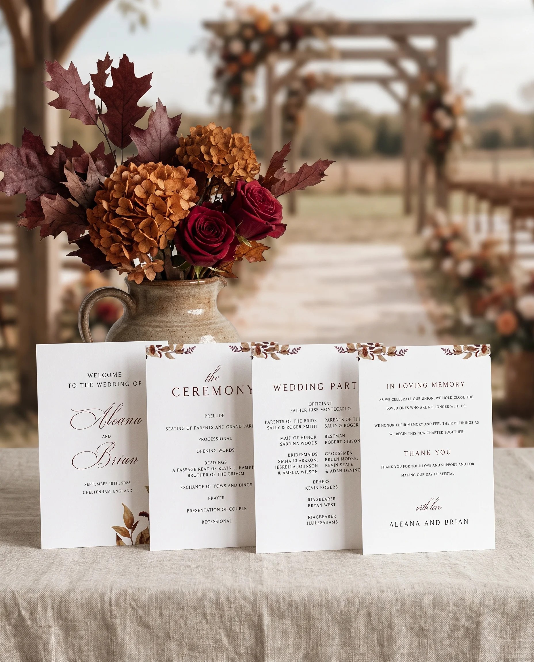 Bramble Row wedding program — four flat program cards standing upright at a ceremony under soft natural light, wedding program template
