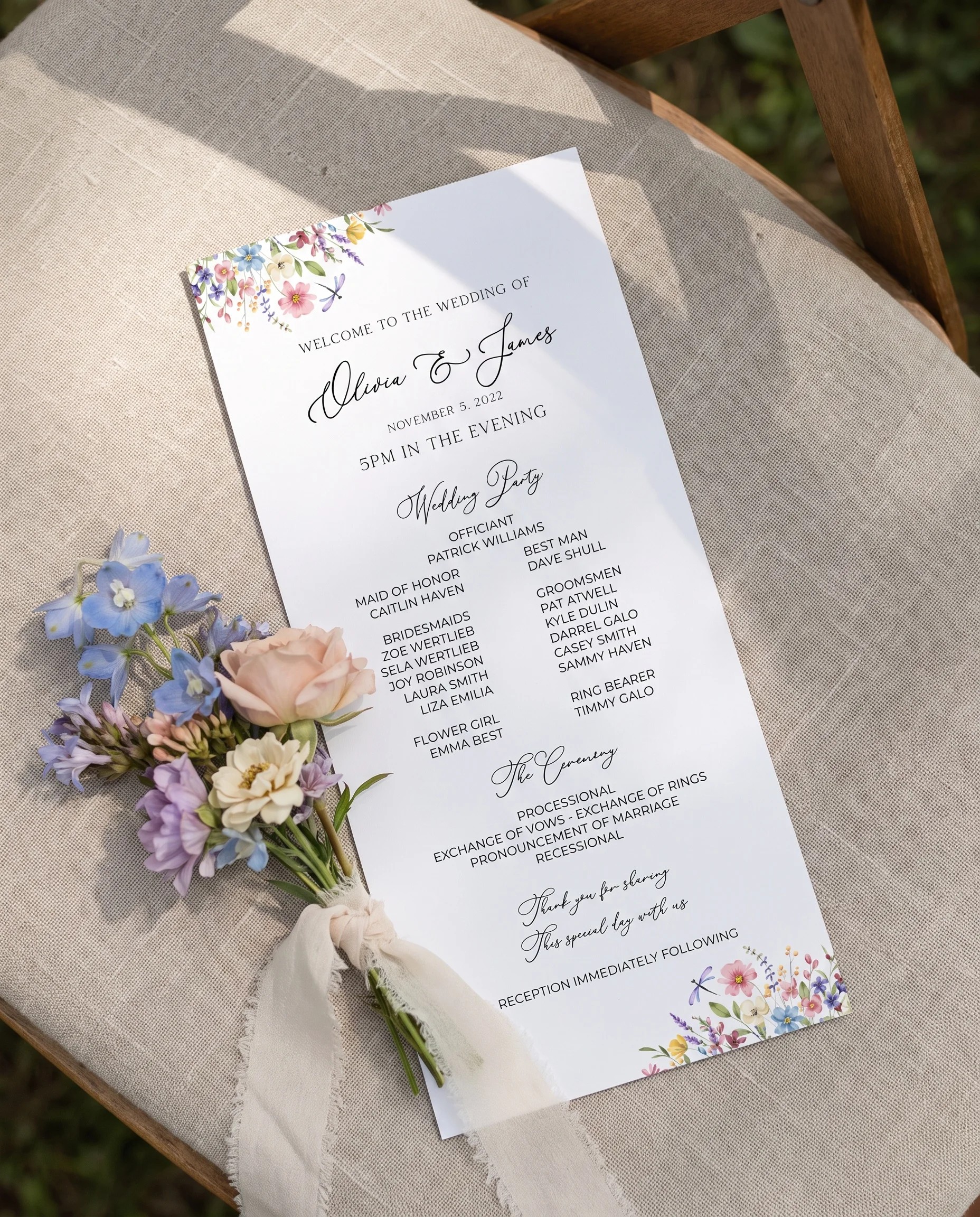 Meadowlark wedding program — displayed at a ceremony seat under soft natural light with a slight overhead angle, wedding program template.