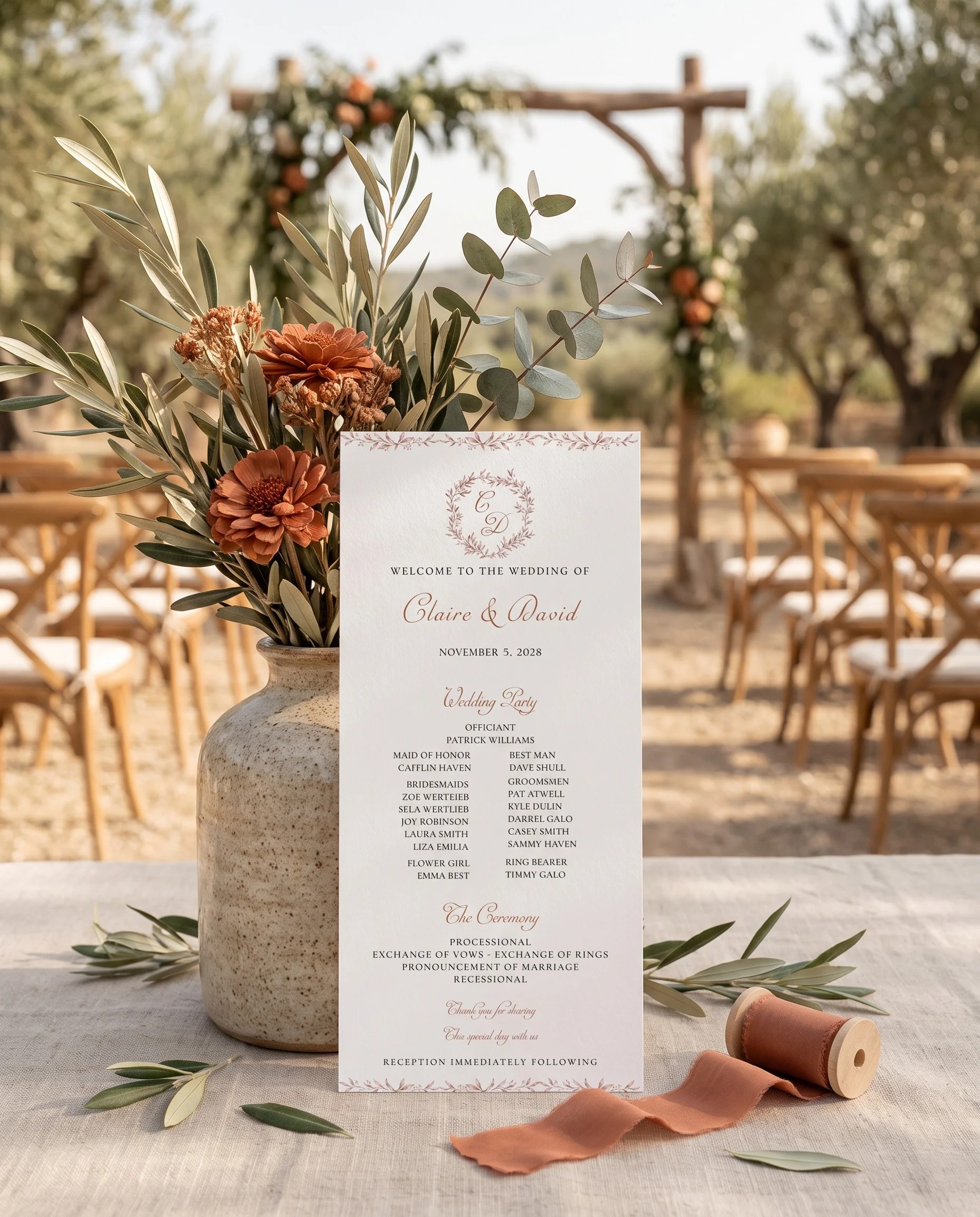 Sepia Sprig wedding program — standing upright at a ceremony on premium editorial paper under soft natural light, wedding program template.