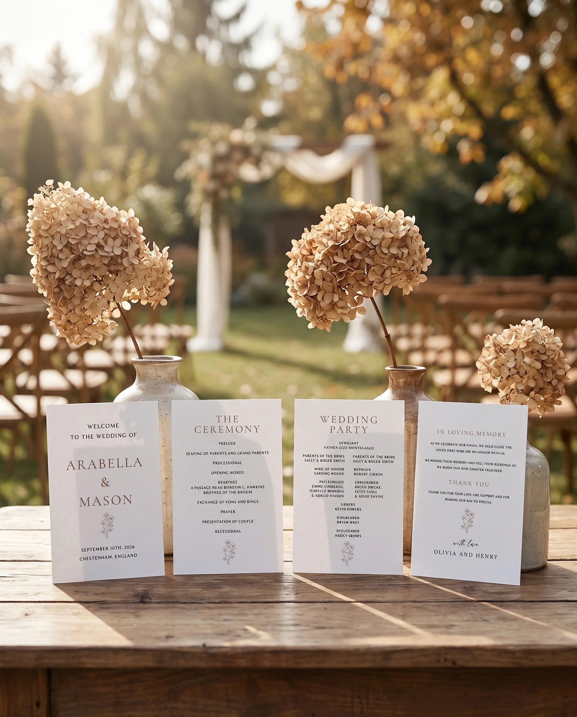 Anemora wedding program — four flat program cards standing upright at a ceremony under soft natural light, wedding program template.