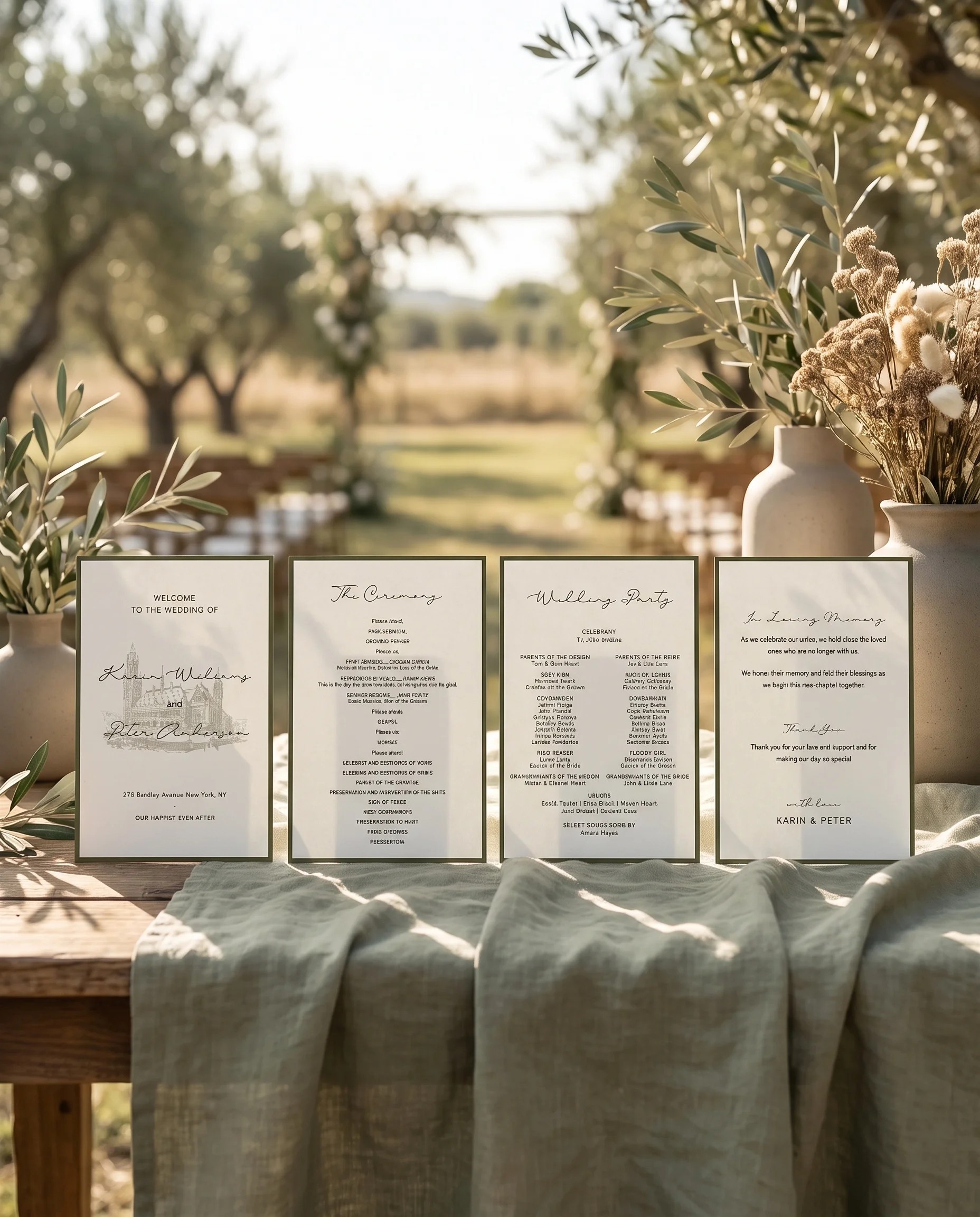 Manor Etching wedding program — four flat pages standing upright at a ceremony under soft natural light, wedding program template.