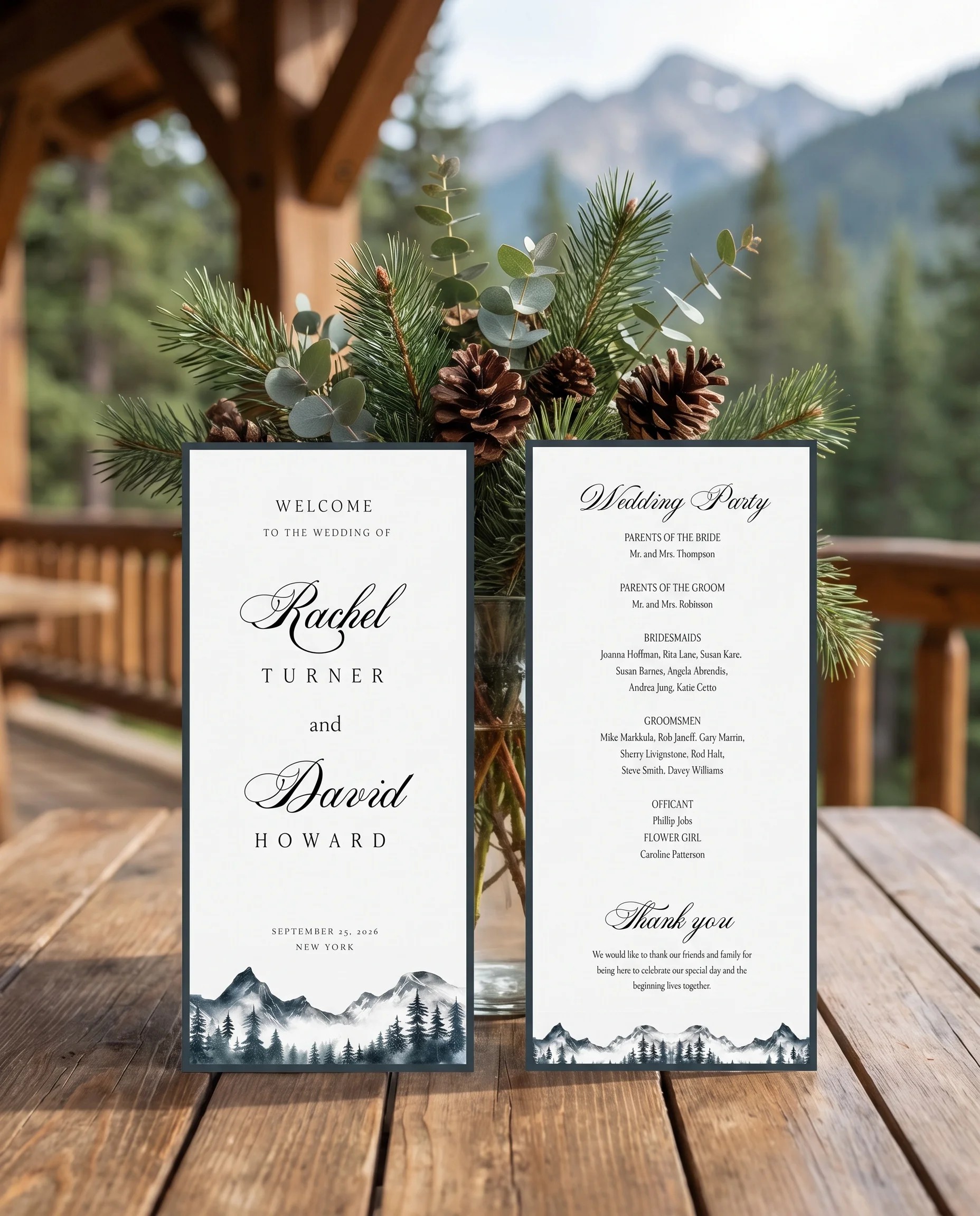 Pinecrest wedding program — two flat cards standing upright at a ceremony under soft natural light, wedding program template.