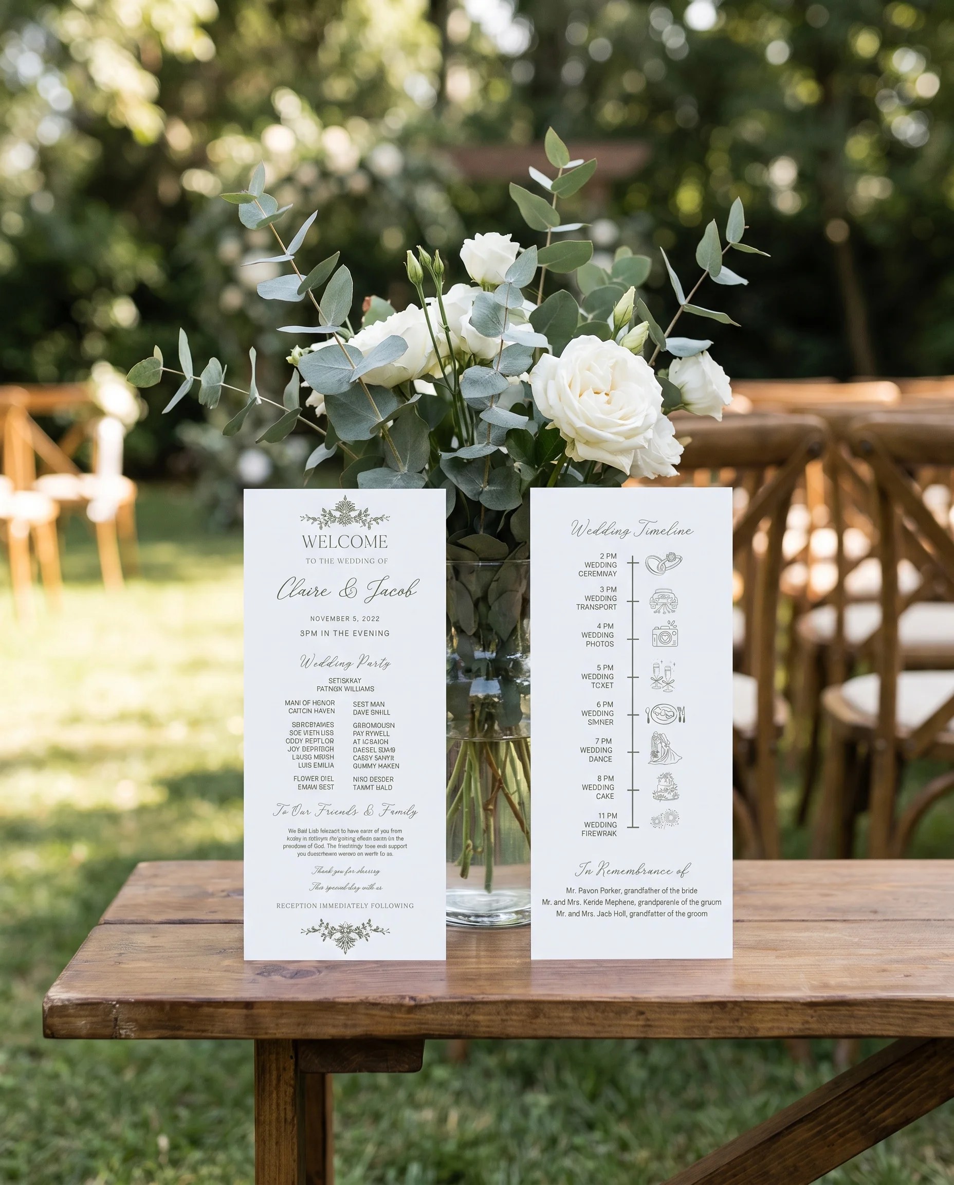 Sage Crest wedding program — two flat cards standing upright at a ceremony under soft natural light, wedding program template.