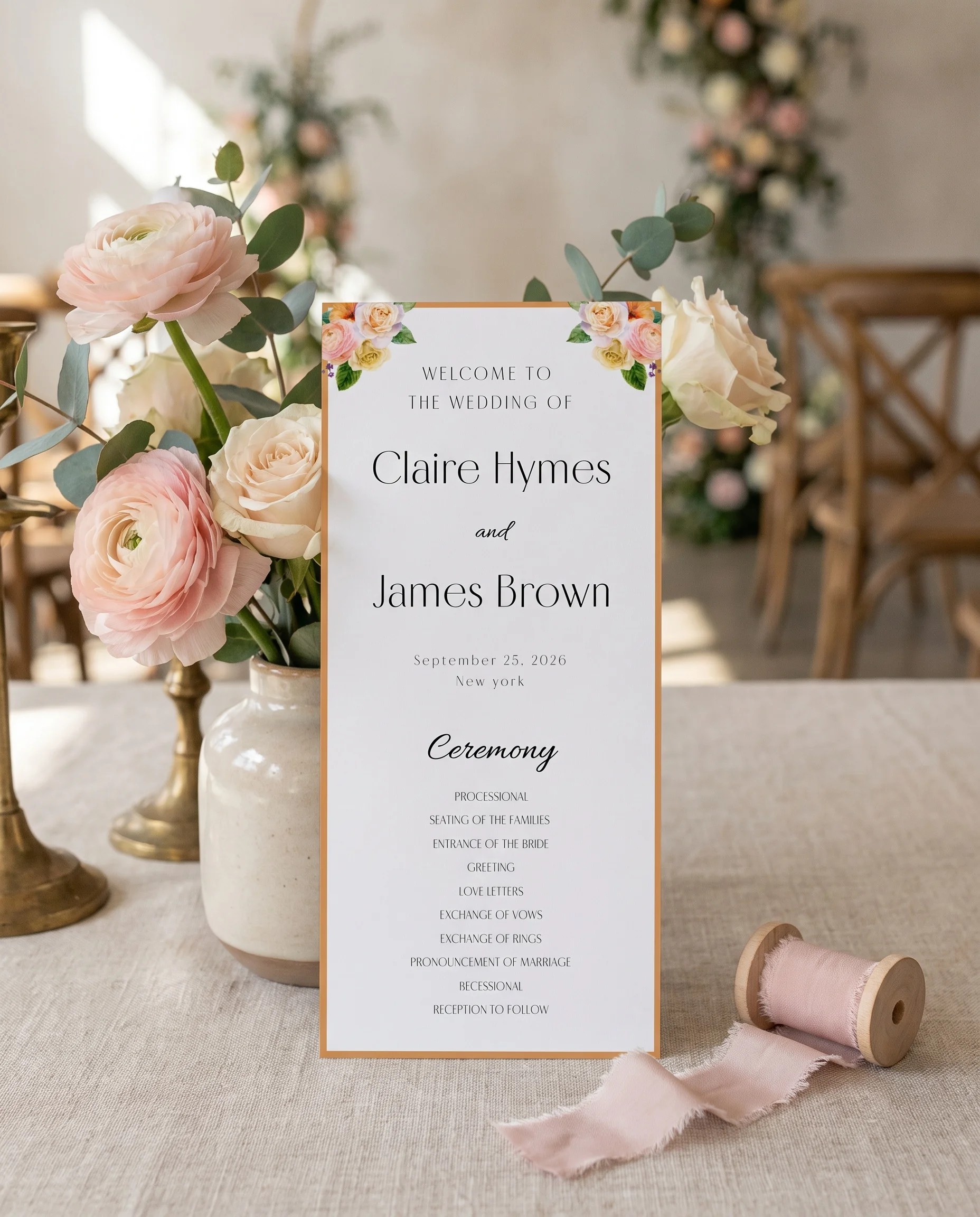 Petal Glade wedding program — flat card design standing upright at a ceremony under soft natural light, wedding program template.