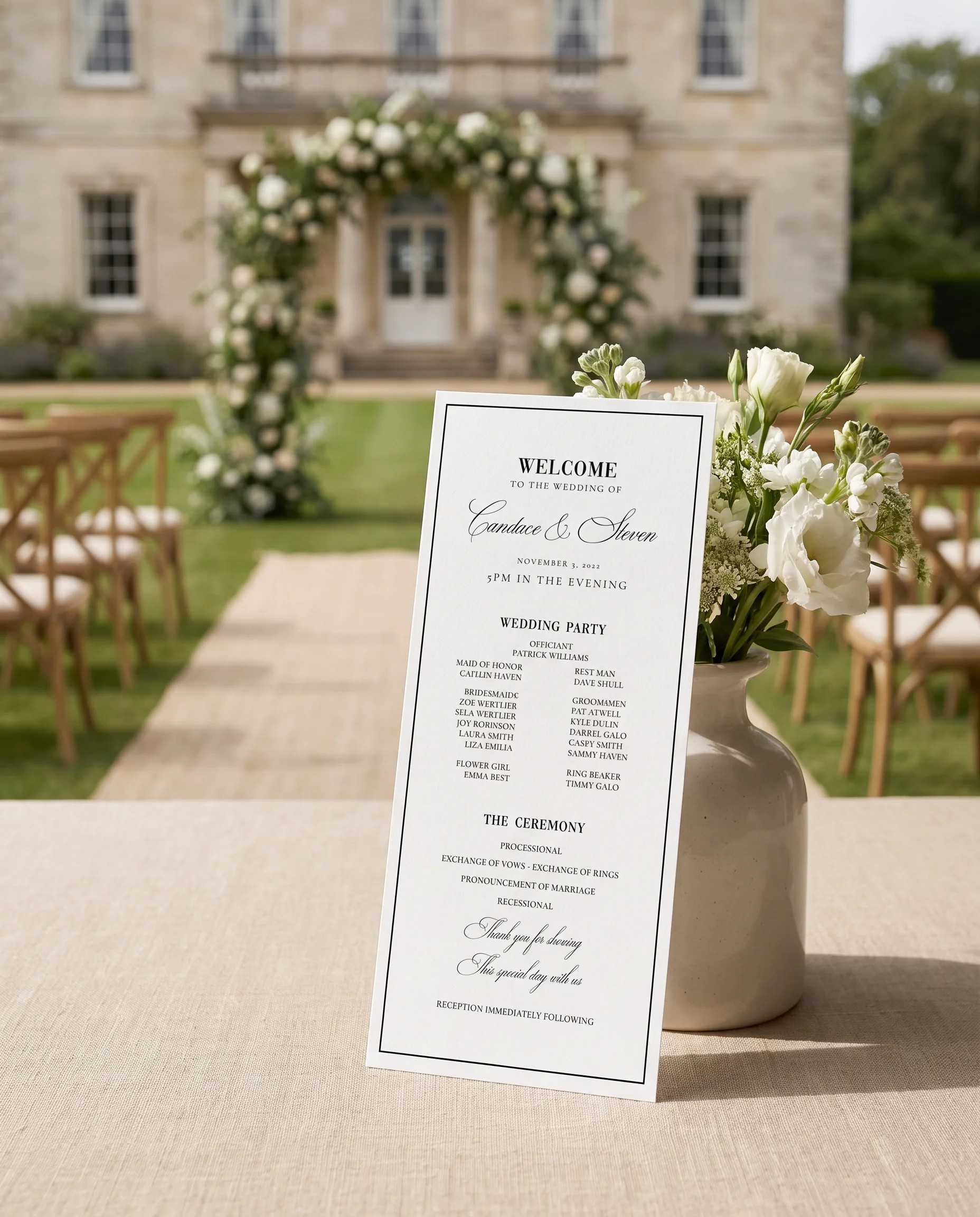 Crestline wedding program — a single card standing upright at a ceremony setting in soft natural light, wedding program template.
