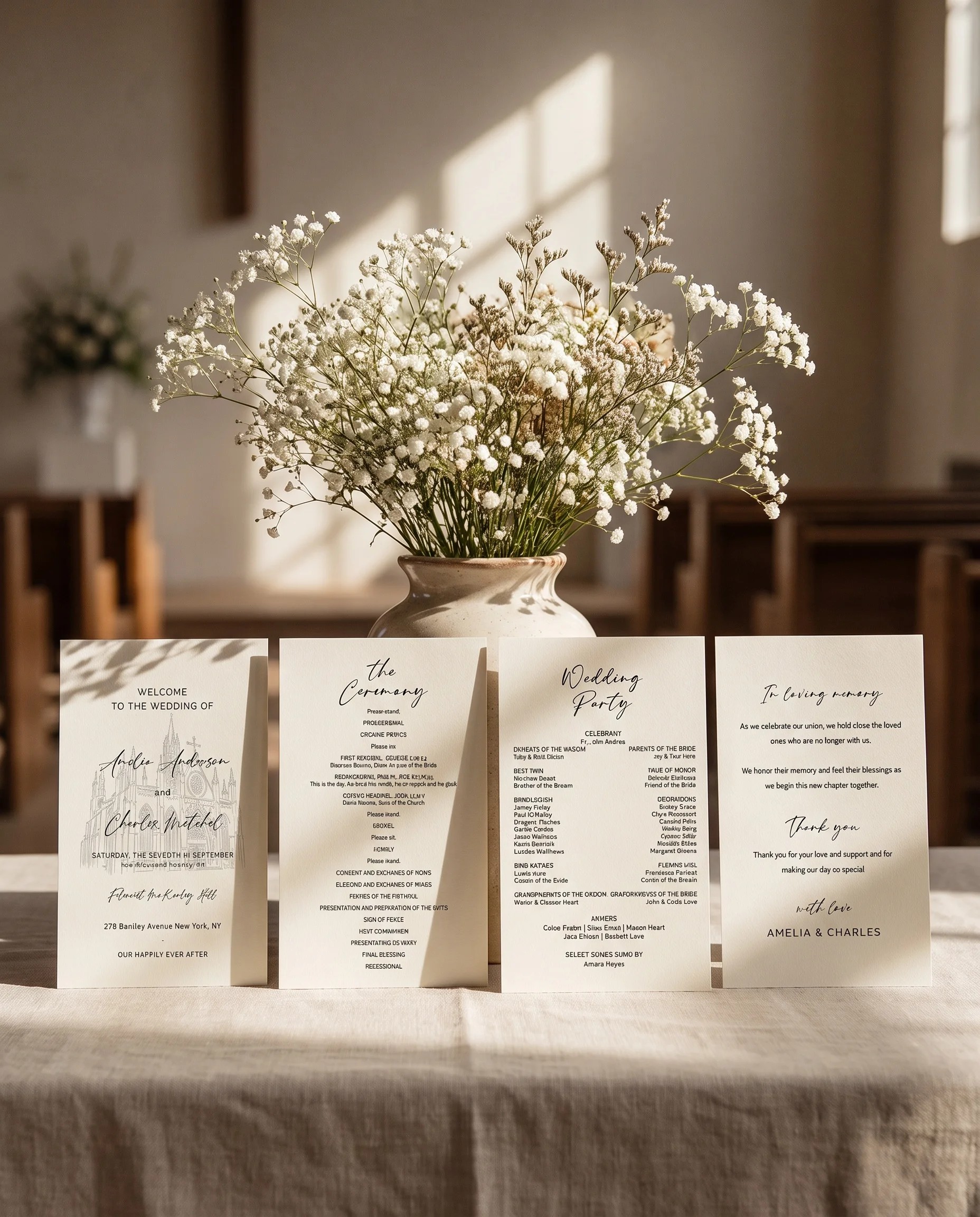 Cathedral wedding program — four flat program cards standing upright at a ceremony under soft natural light, wedding program template