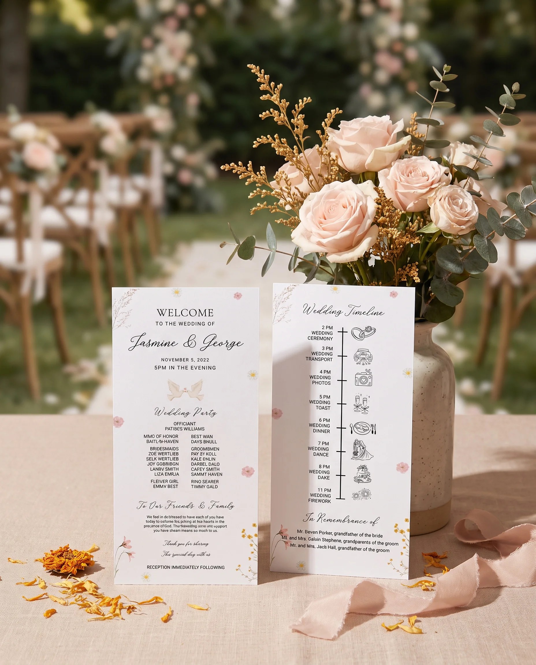 Marigold Petal wedding program — two flat card designs standing upright at a ceremony in soft natural light, wedding program template.