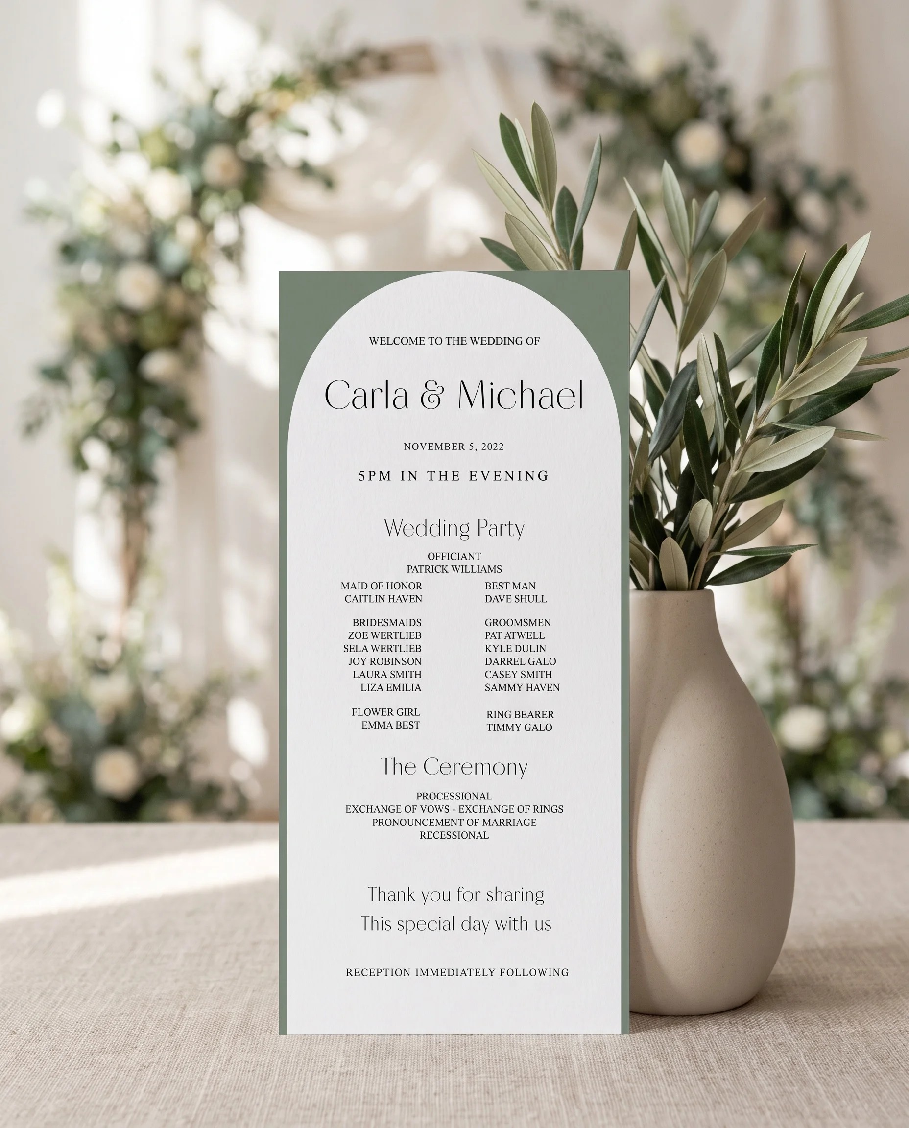 Arc Vale wedding program — flat card standing upright at a ceremony setting, captured in soft natural light, wedding program template.