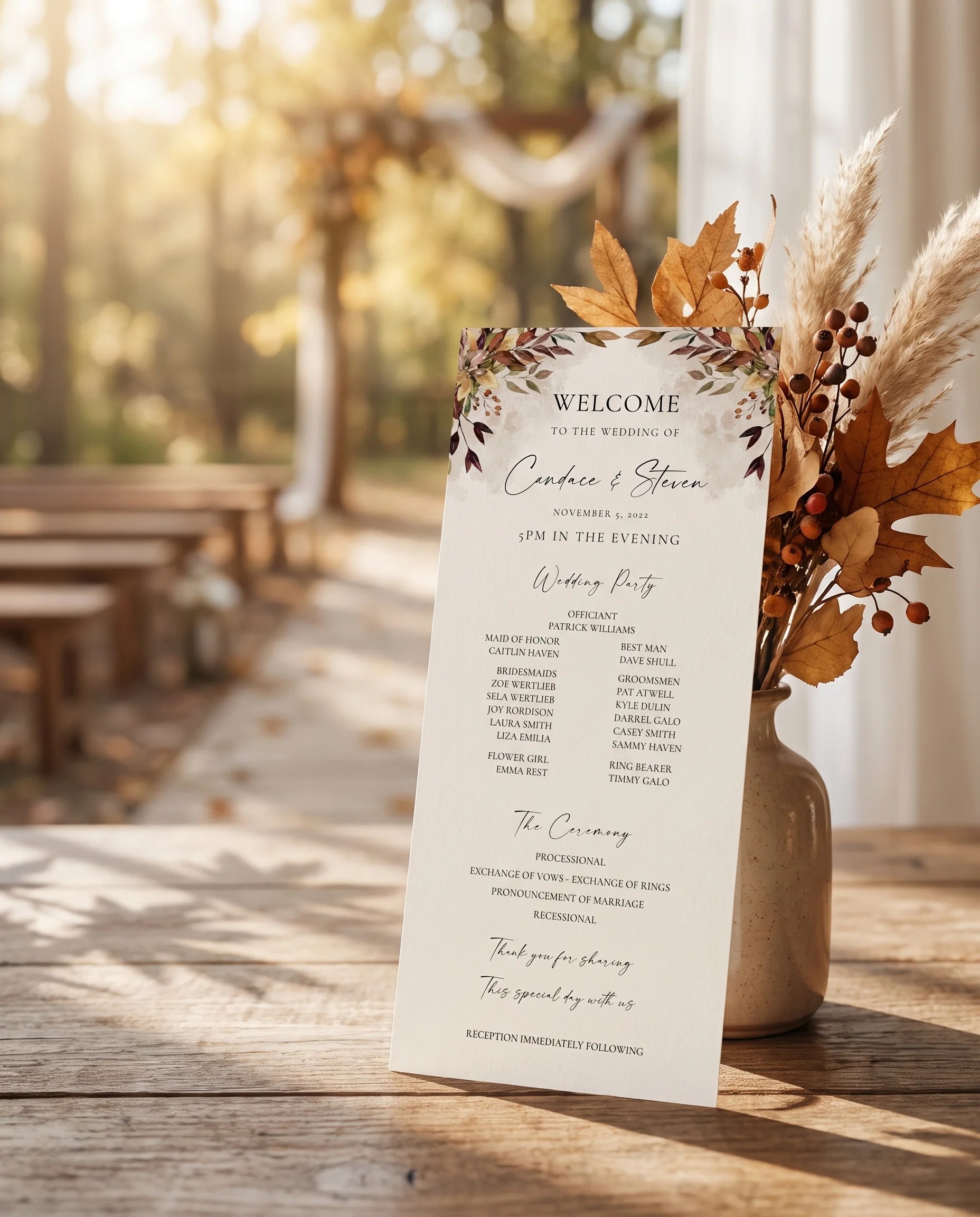 Autumn Bough wedding program — standing upright at a ceremony under soft natural light with a slight overhead angle, wedding program template.