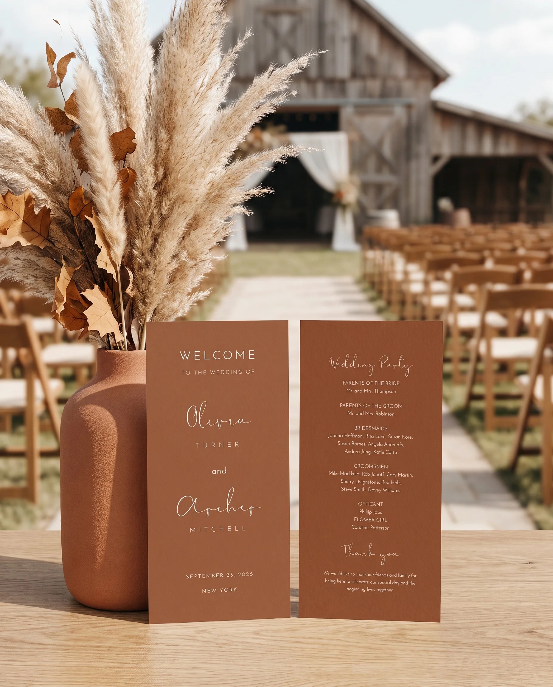 Stevens wedding program — two flat cards standing upright at a ceremony under soft natural light, wedding program template.