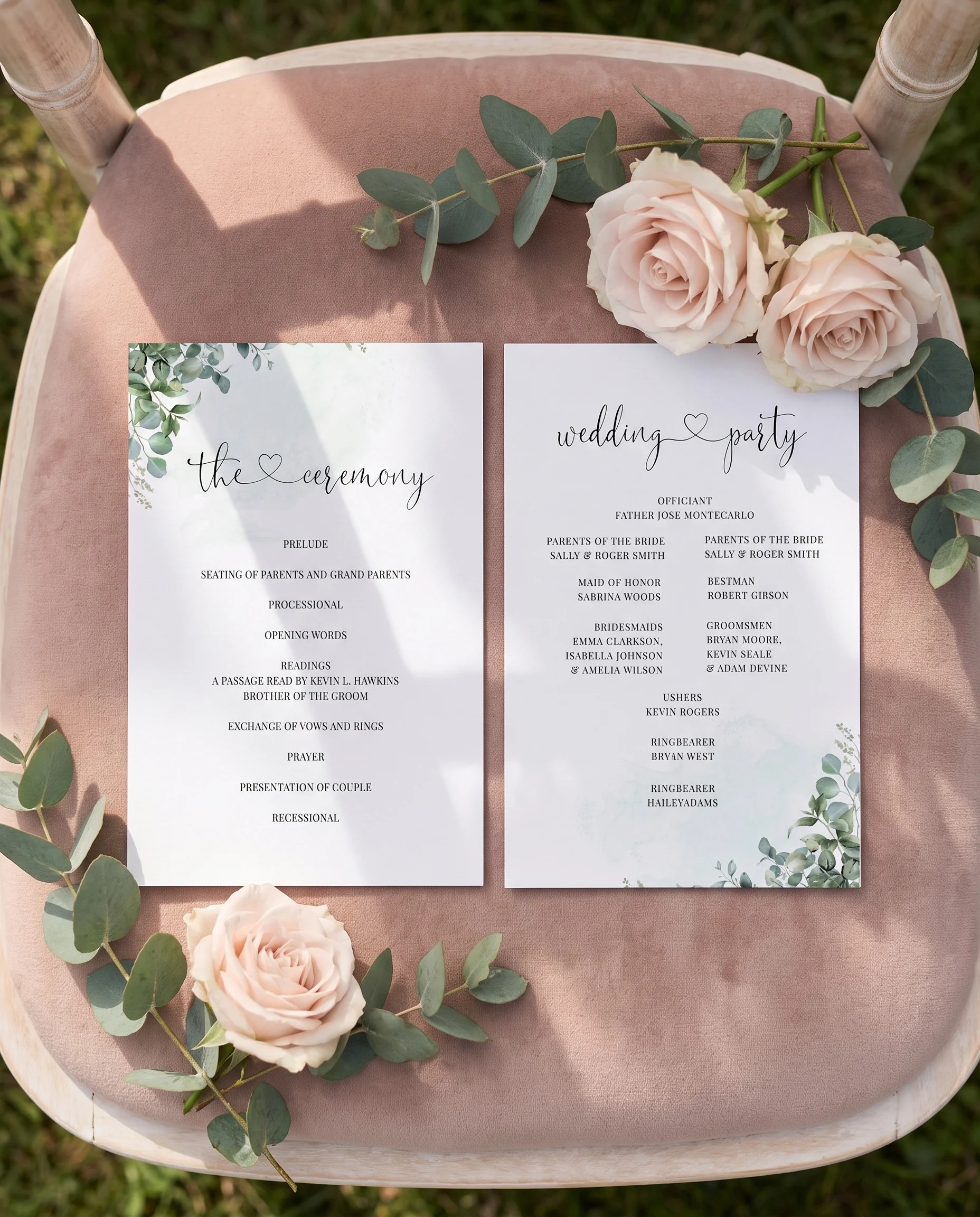 Eucalyptus Gold wedding program — displayed at a ceremony seat showing its full content under soft natural light, wedding program template