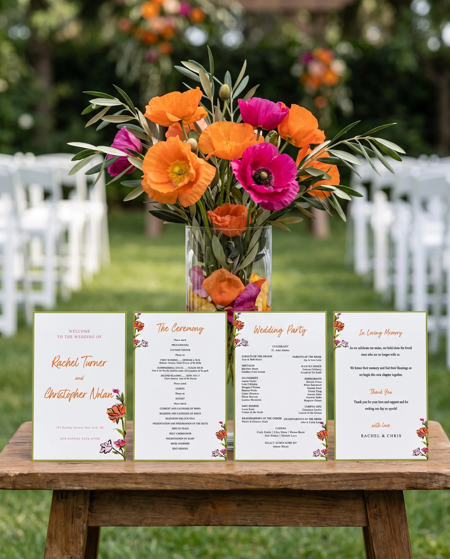 Poppy Court wedding program — four flat pages standing upright at a ceremony under soft natural light, wedding program template.
