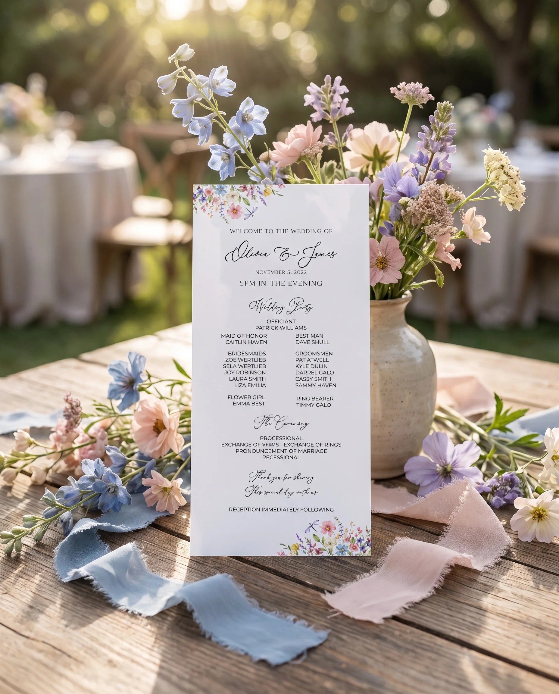 Meadowlark wedding program — displayed on an usher's table under soft natural light with a slight overhead angle, wedding ceremony program.