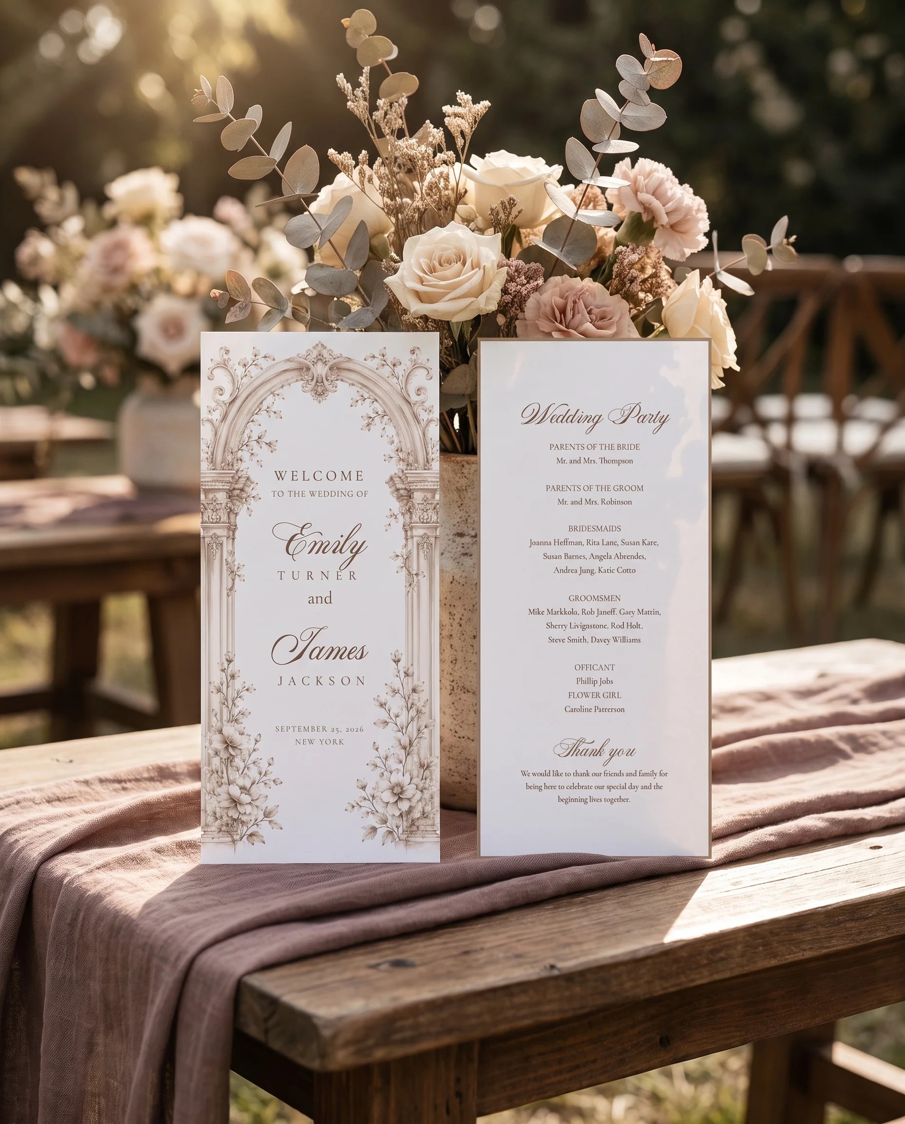 Hinge Script wedding program — two flat card designs standing upright at a ceremony under soft natural light, wedding program template.
