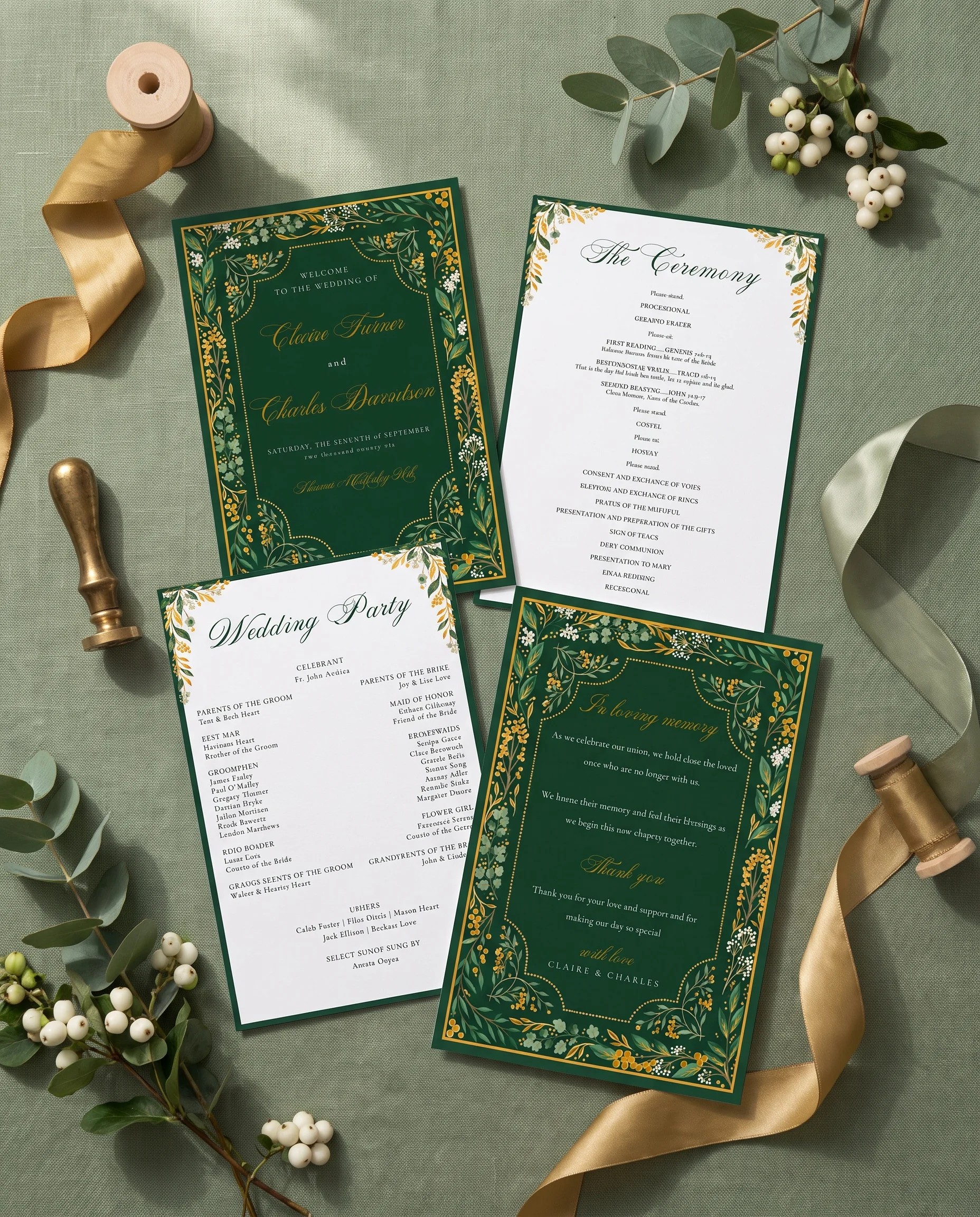 Gilded Foliage wedding program — four flat cards arranged from above in soft natural light, premium editorial wedding programs.