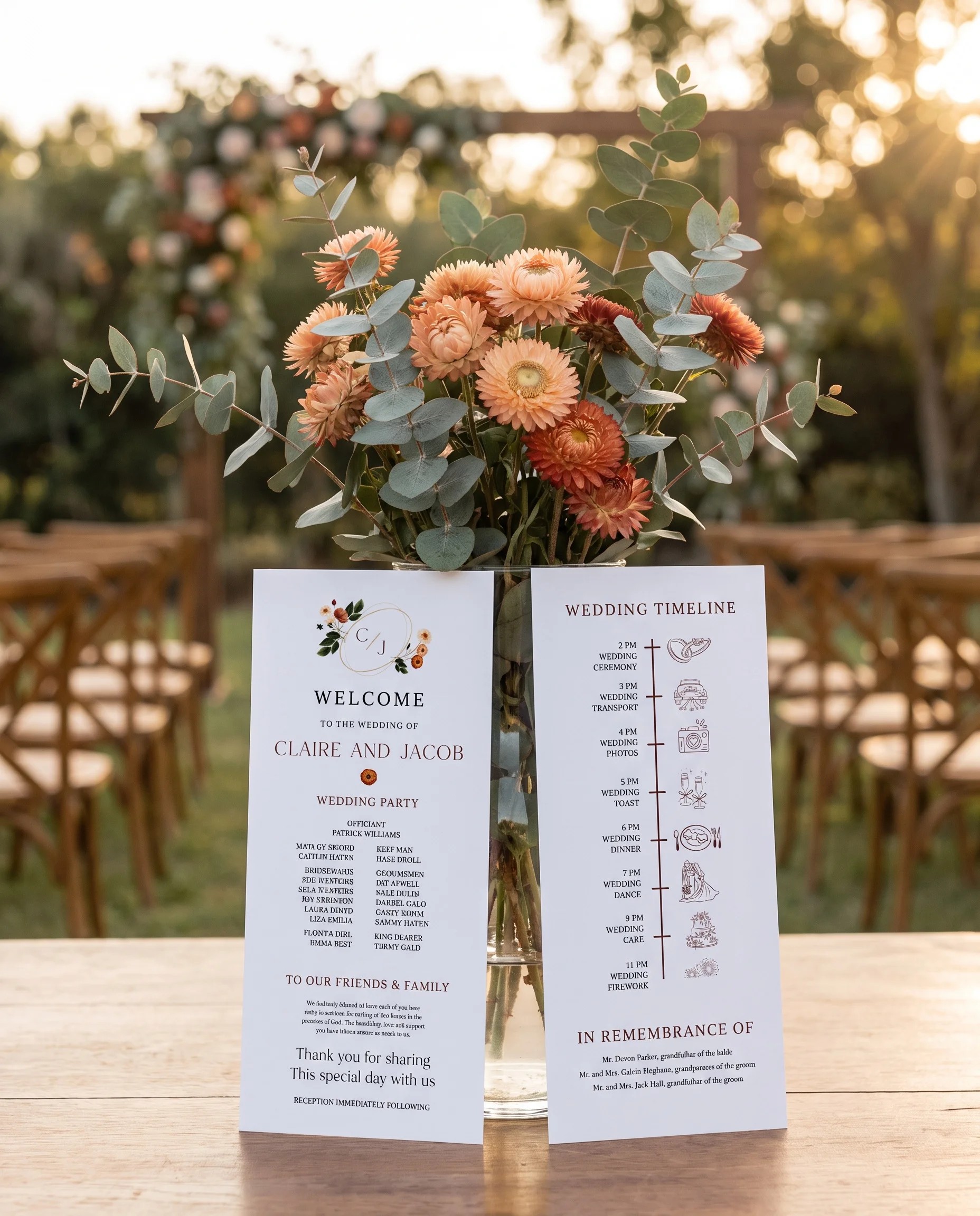 Eucalyptus Bloom wedding program — two flat program cards standing upright at a ceremony in soft natural light, wedding program template.