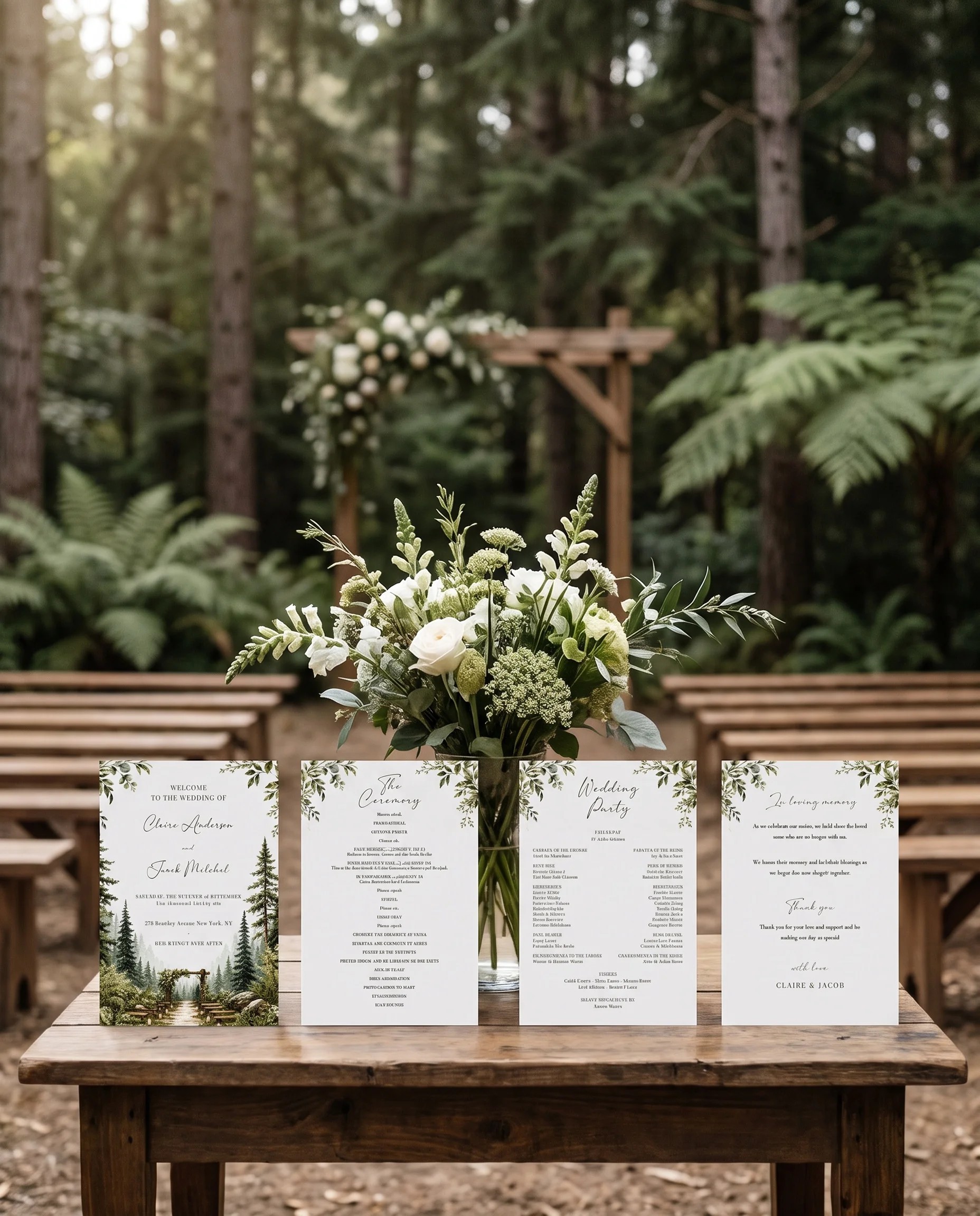 Canopy Grove wedding program — four flat program cards standing upright at a ceremony in soft natural light, wedding program template.