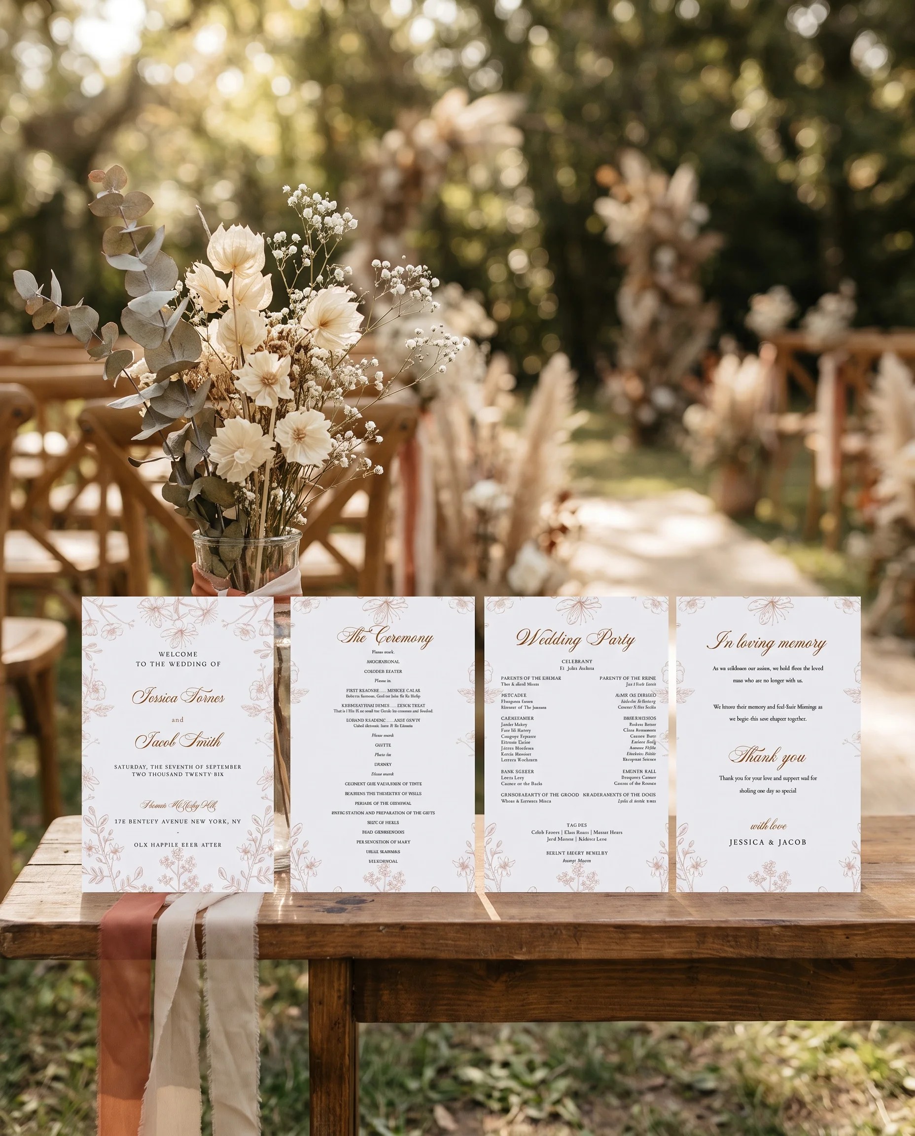 Petalcrest wedding program — four flat program pages standing upright at a ceremony under soft natural light, wedding program template.