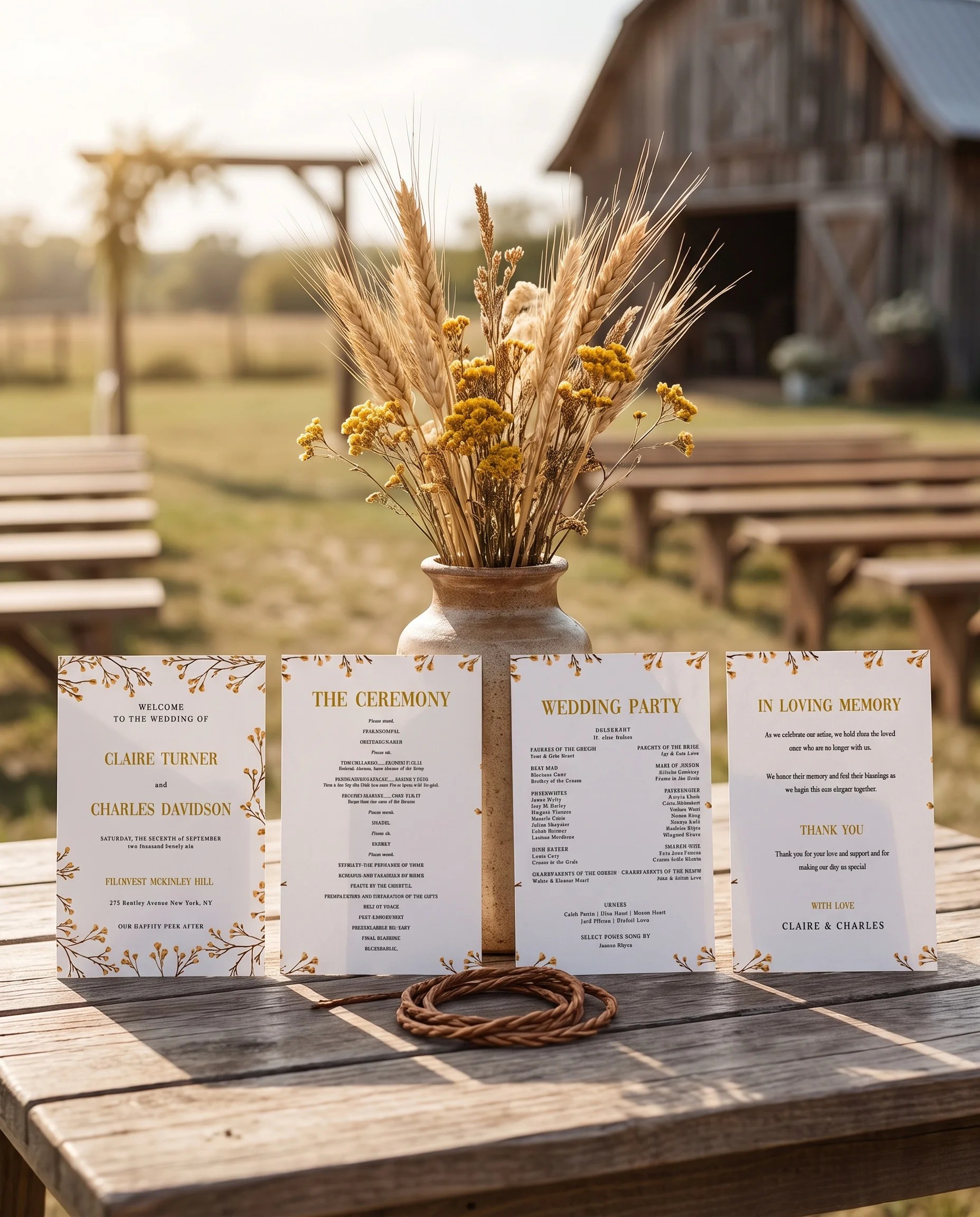 Saddle Crest wedding program — four flat card designs standing upright at a ceremony in soft natural light, wedding program template