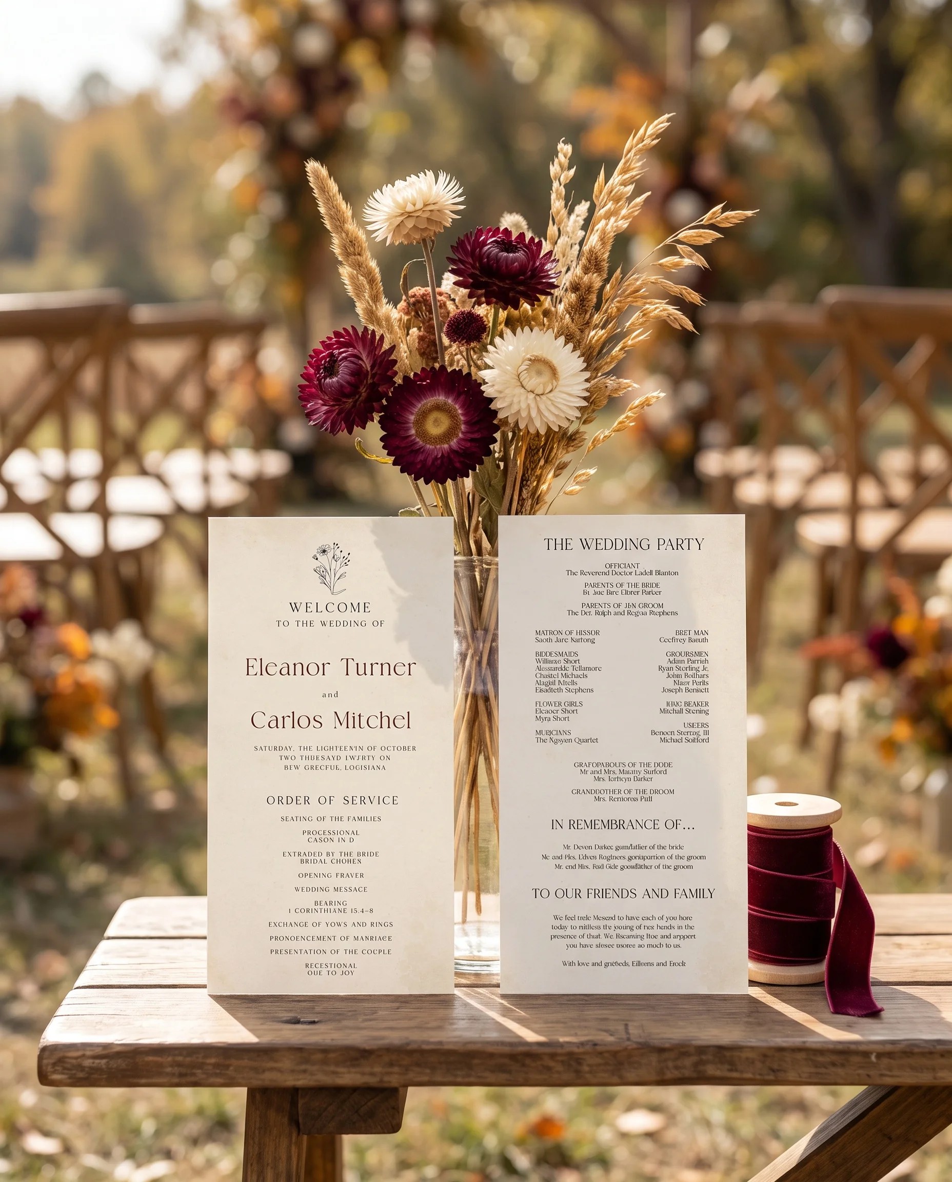Heritage Bloom wedding program — two flat cards standing upright at a ceremony setting in soft natural light, wedding program template.
