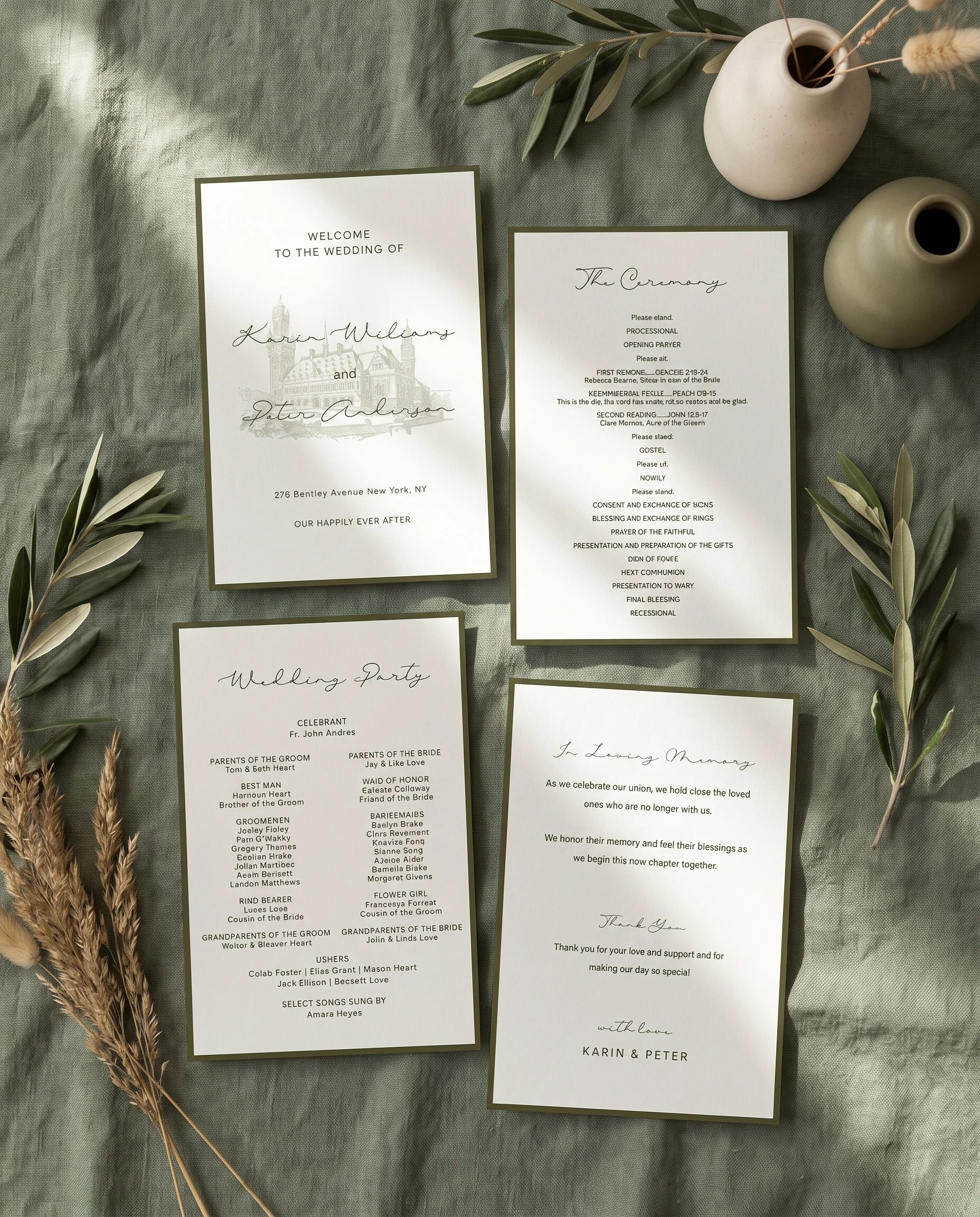 Manor Etching wedding program — four program pages arranged flat under soft natural light at a slight overhead angle, wedding programs.