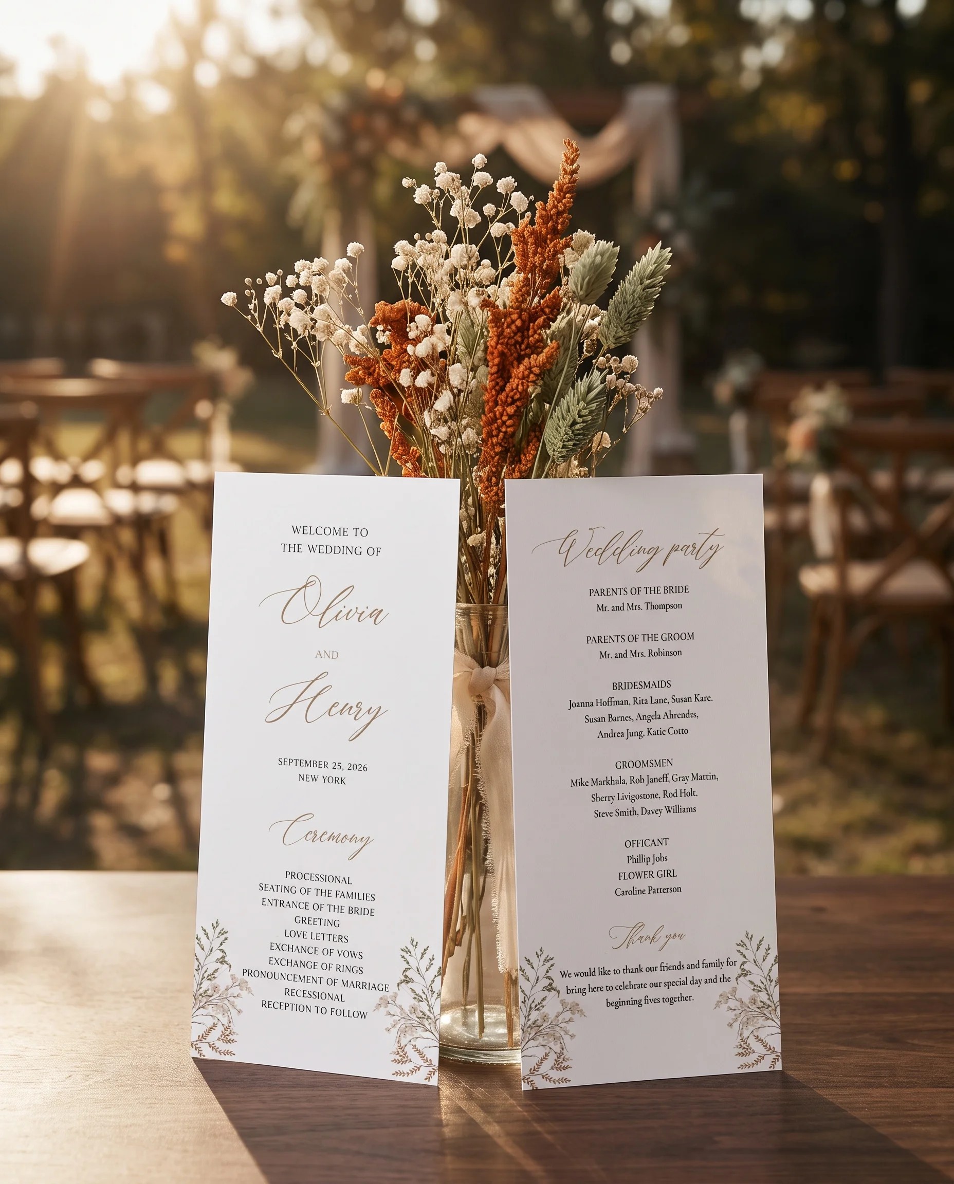 Bramble Court wedding program — two flat cards standing upright at a ceremony setting under soft natural light, wedding program template.