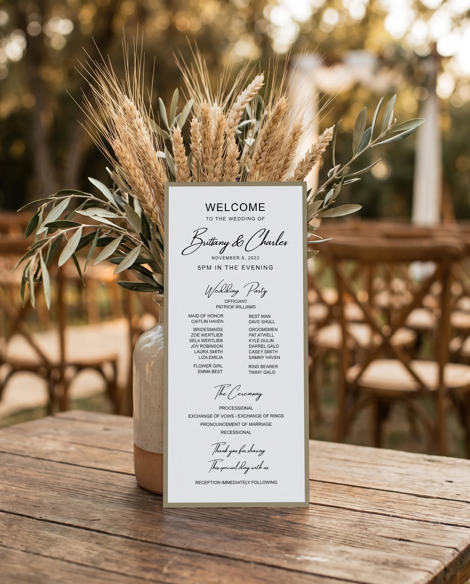 Golden Vale wedding program — shown from above in a natural arrangement on premium editorial paper, wedding programs.