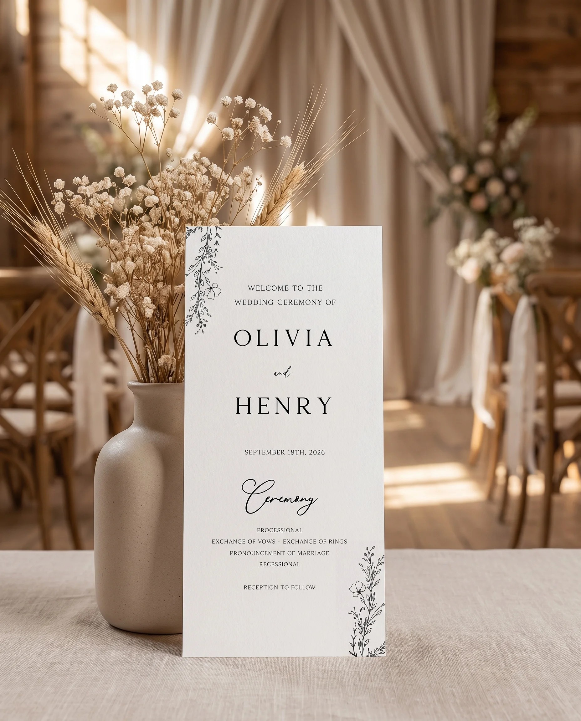 Meadow Sprig wedding program — flat card standing upright at a ceremony under soft natural light, wedding program template.