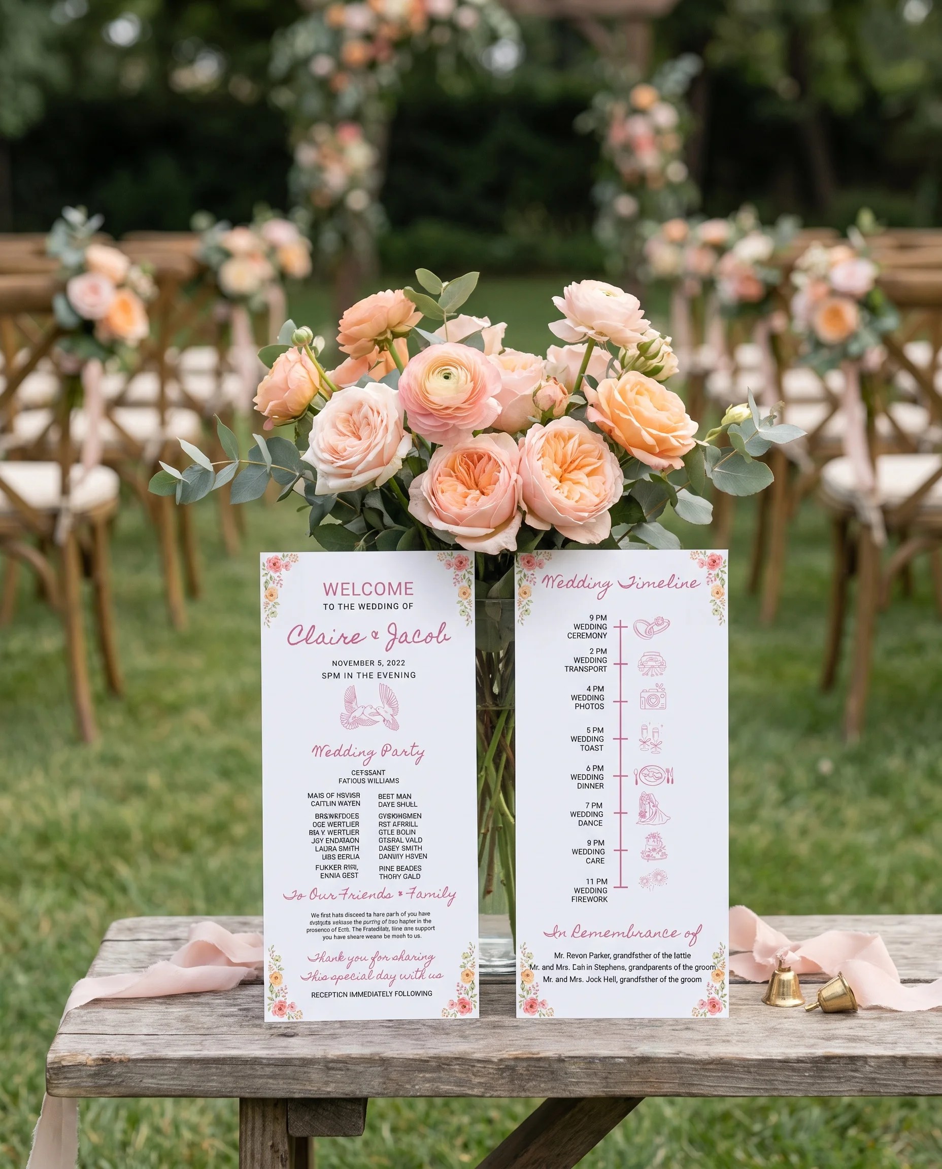Blush Garland wedding program — two flat blush cards standing upright at a ceremony in soft natural light, wedding program template.
