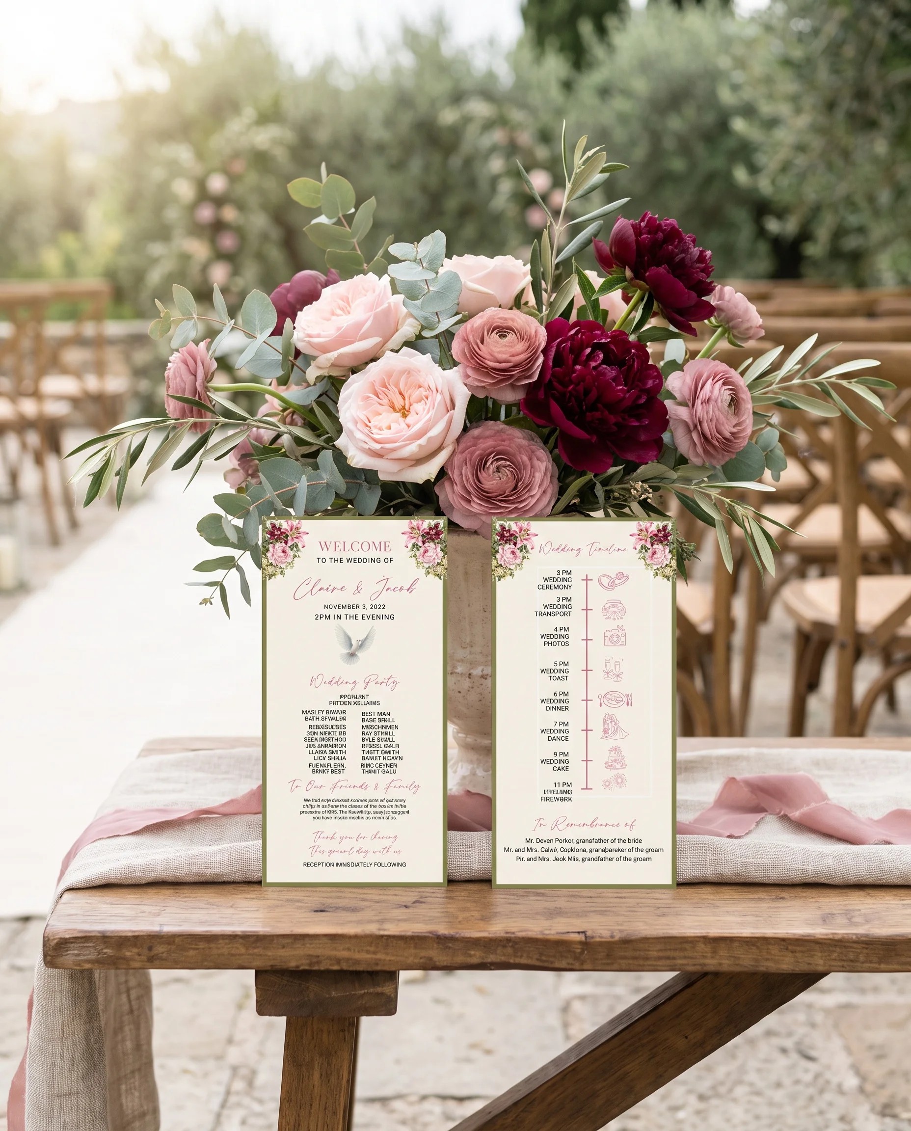 Rosevale wedding program — two flat cards standing upright at a ceremony under soft natural light, wedding program template.