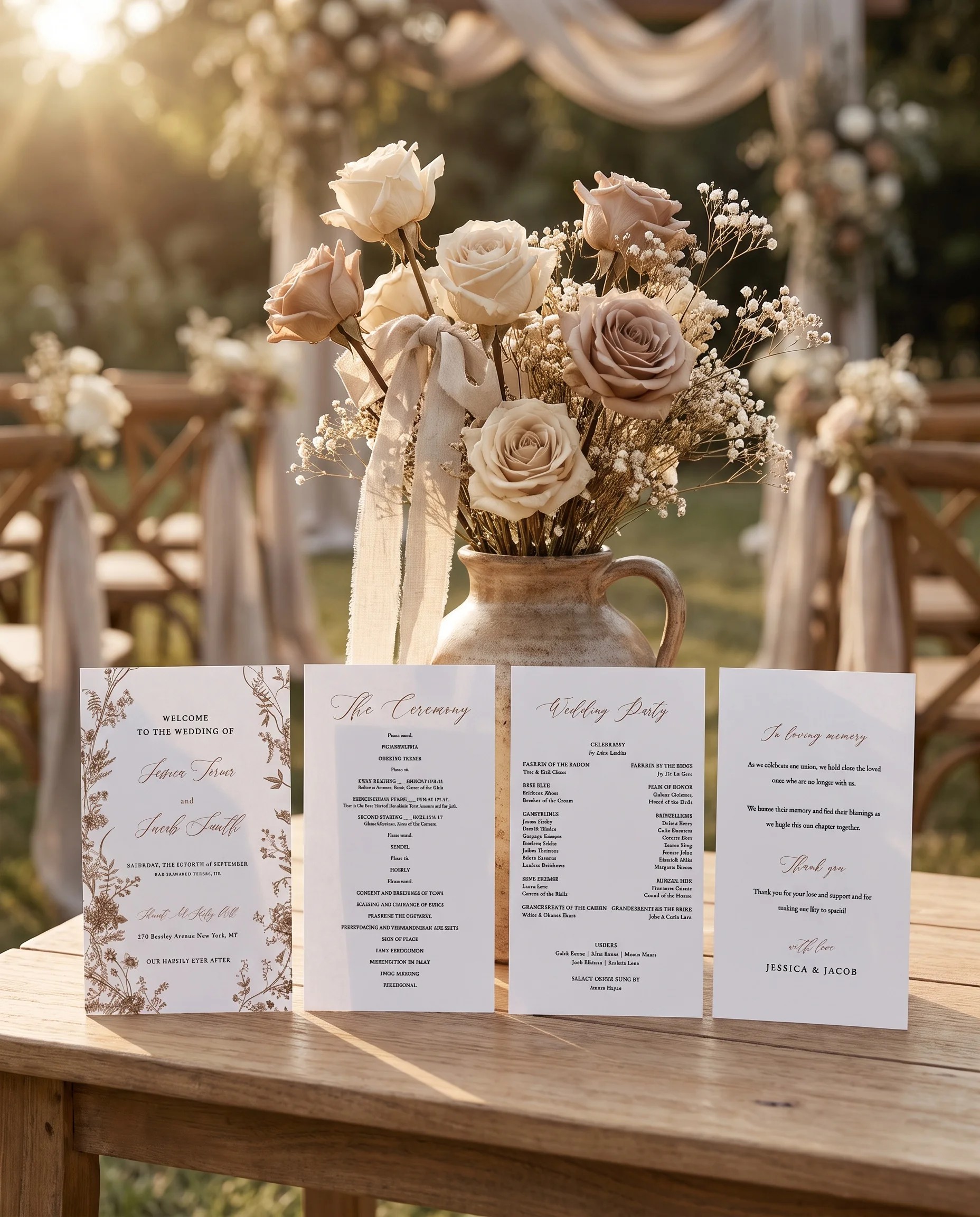 Sepia Crest wedding program — four flat pages standing upright at a ceremony under soft natural light, wedding program template.