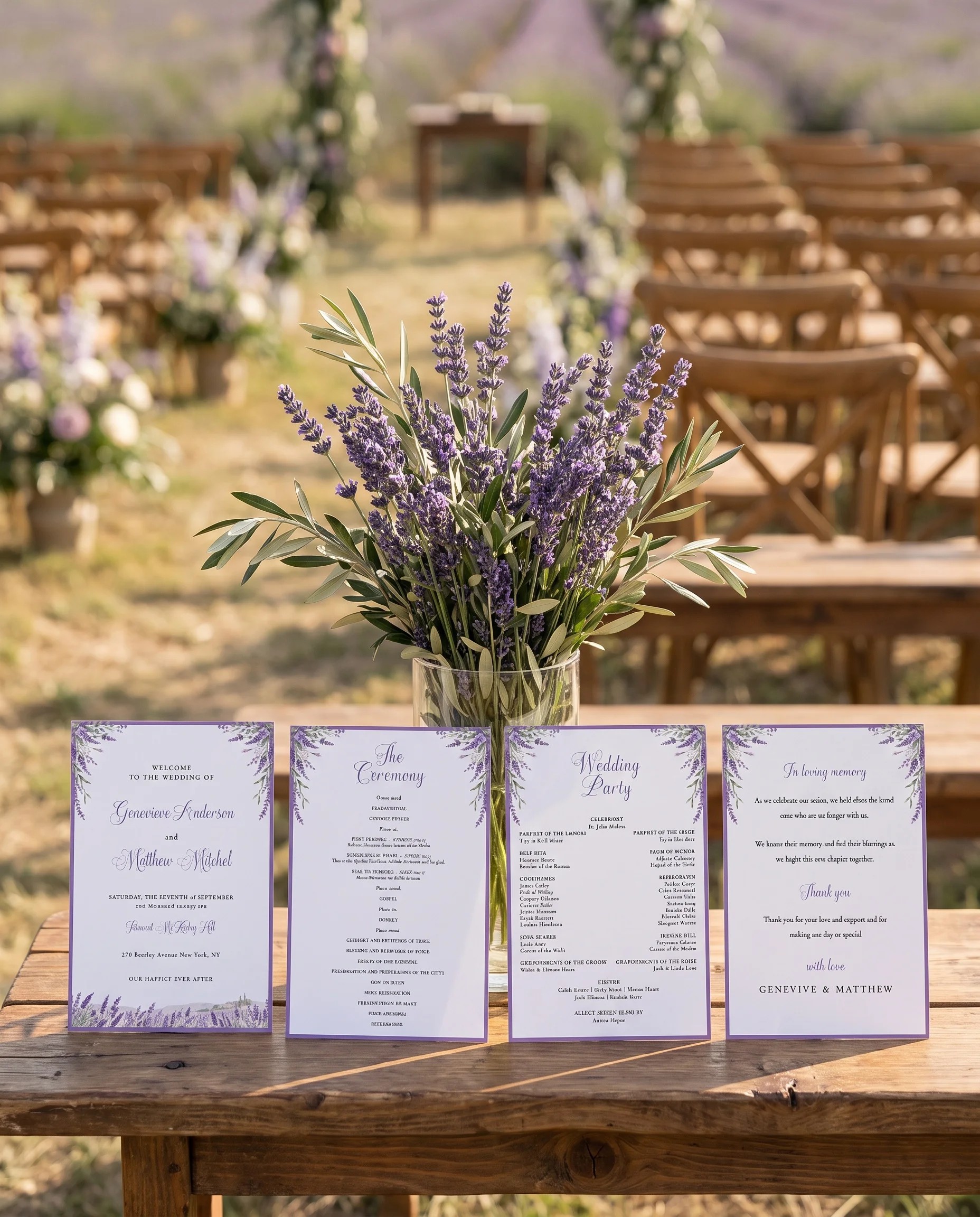 Provence Fields wedding program — four flat program cards standing upright at a ceremony in soft natural light, wedding program template.