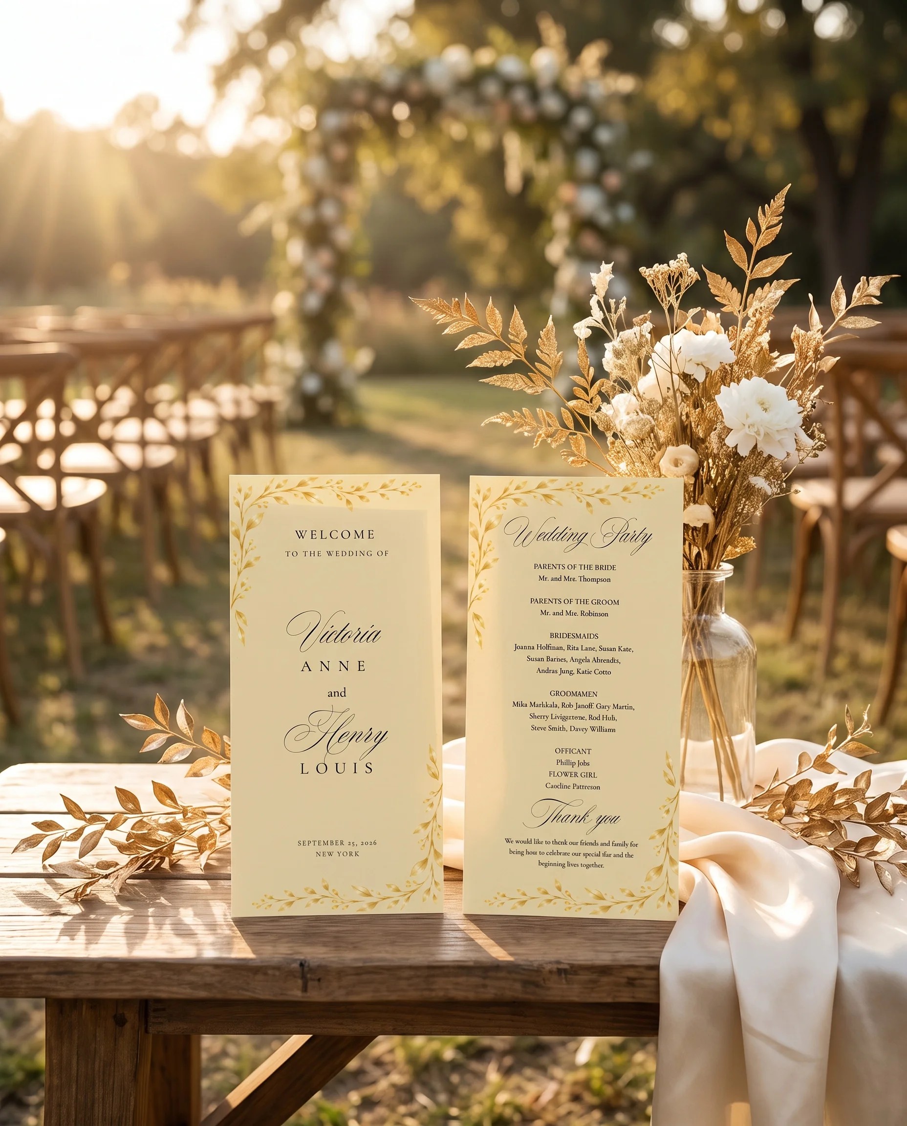 Gilded Bough wedding program — two program cards standing upright at a ceremony under soft natural light, wedding program template.