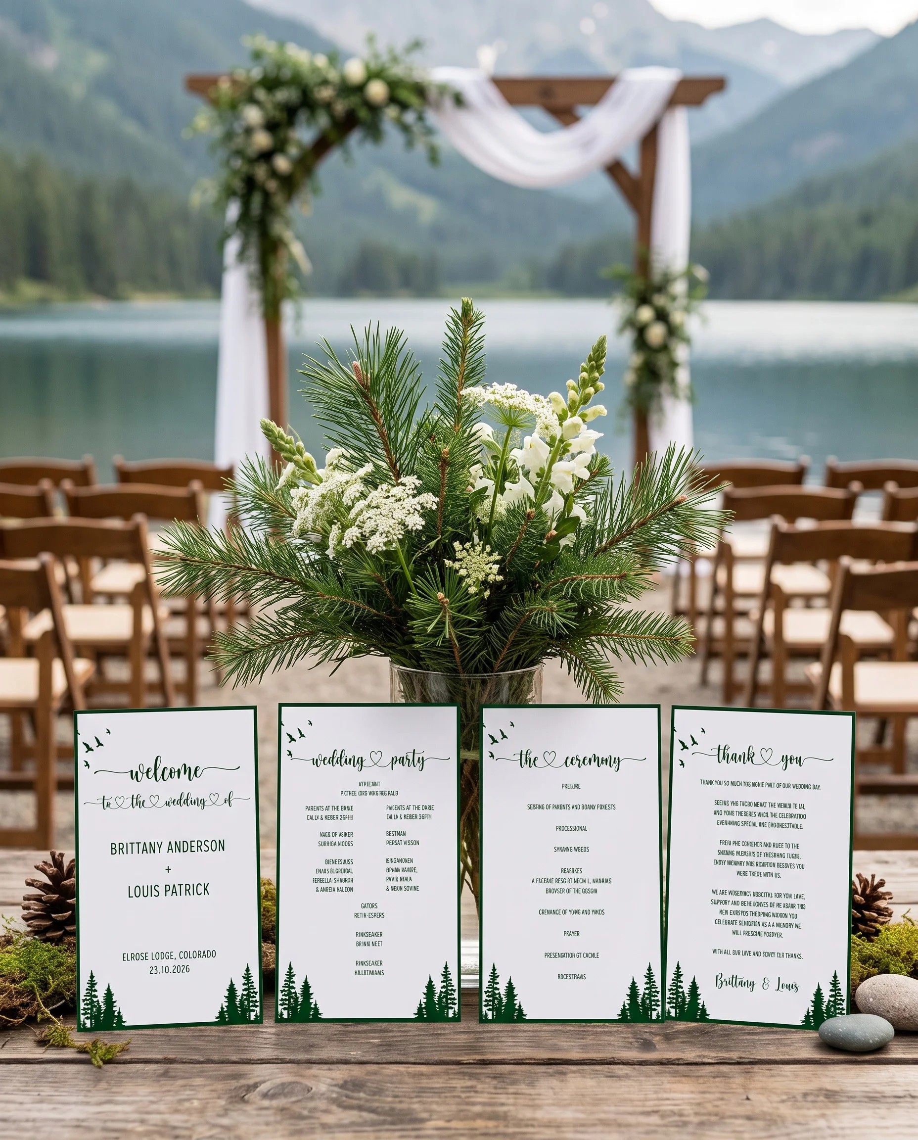 Evergreen Star wedding program — four flat card designs standing upright at a ceremony in soft natural light, wedding program template