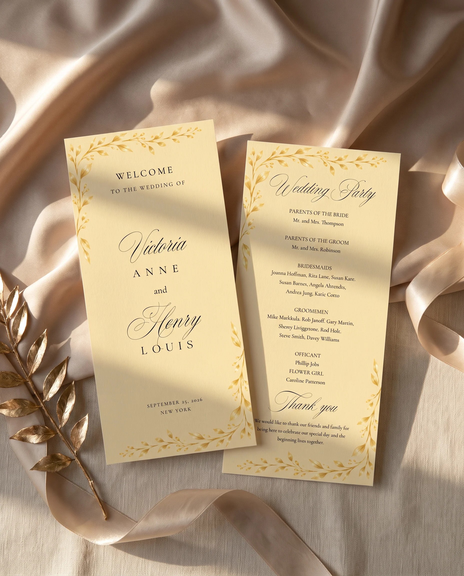 Gilded Bough wedding program — two flat program cards arranged above on premium editorial paper in soft natural light, wedding programs.