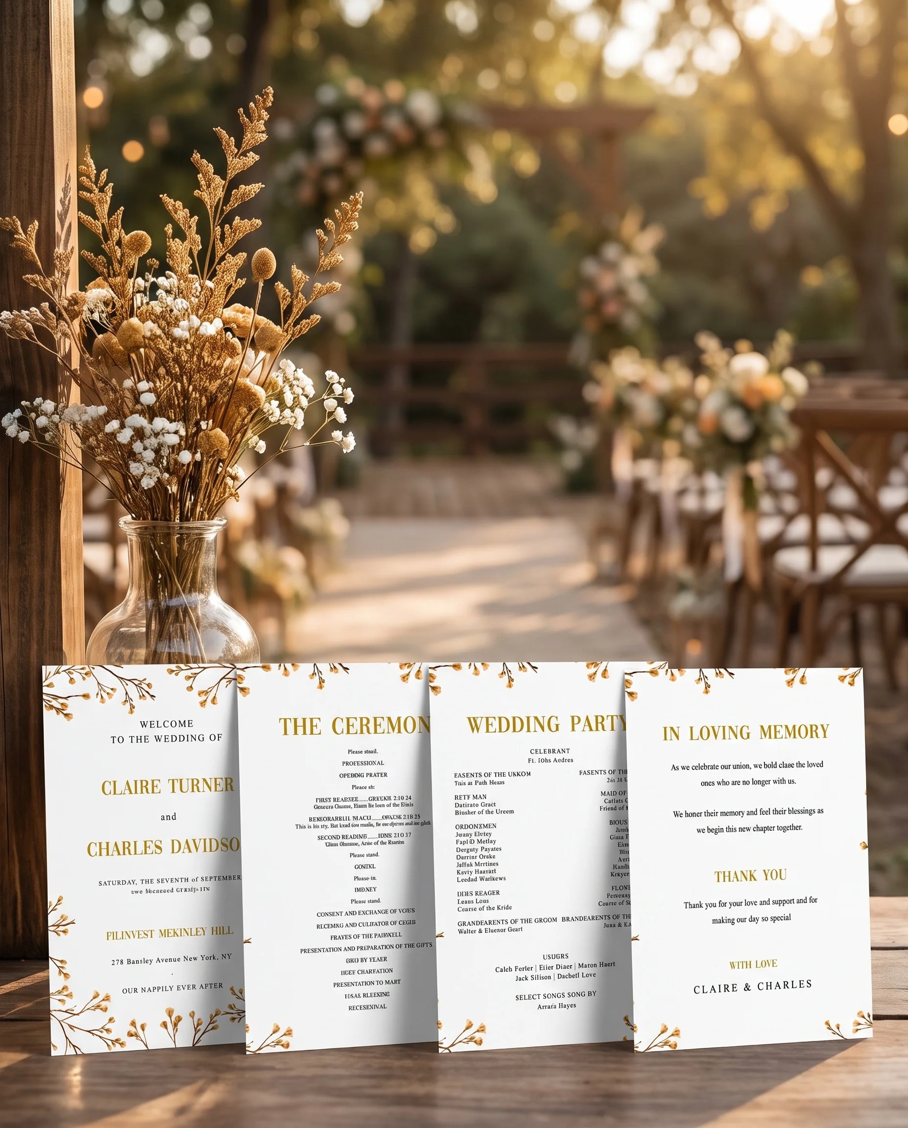 Golden Vine wedding program — four flat pages standing upright at a ceremony under soft natural light, wedding program template.