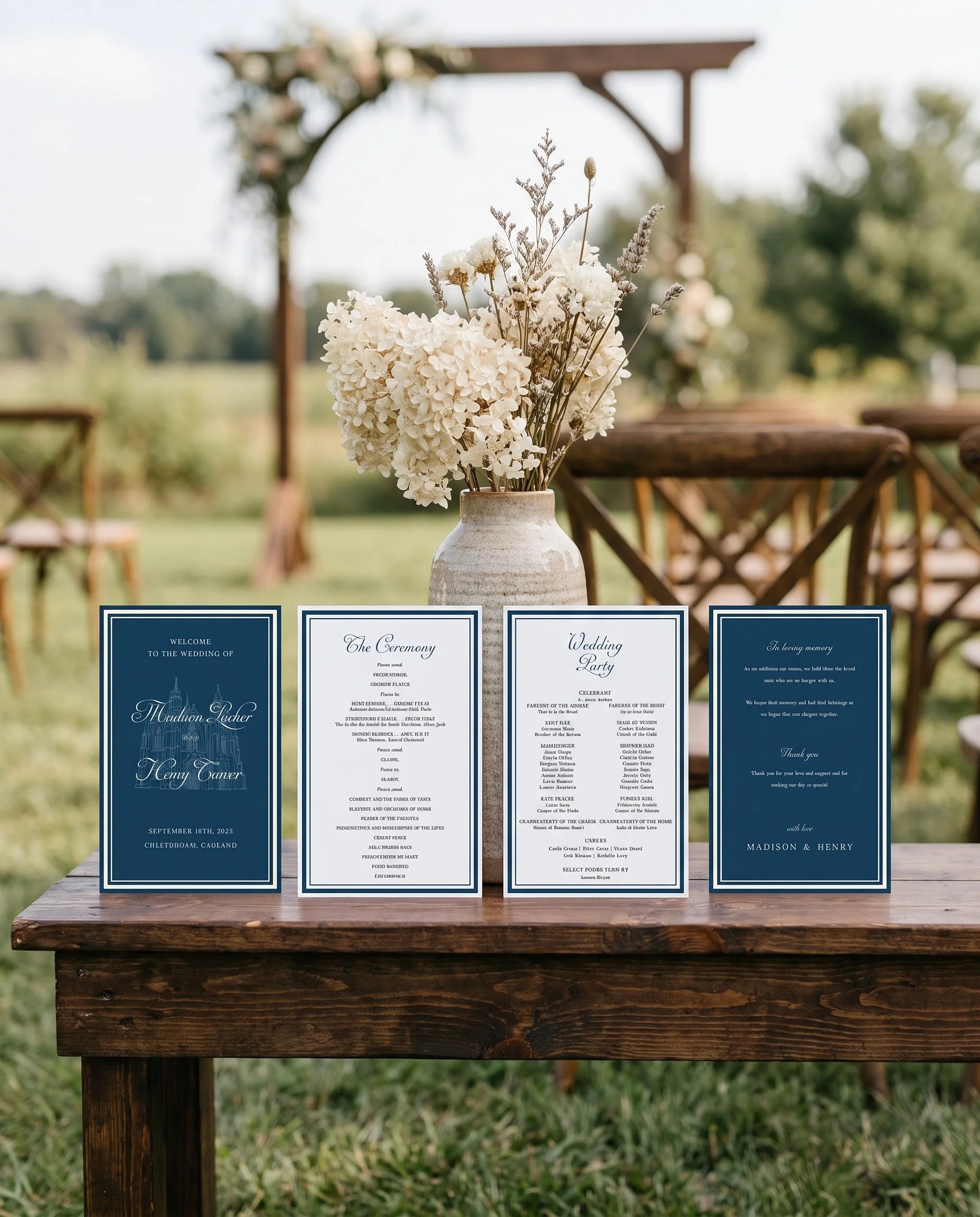 Windsor Crown wedding program — four flat program cards standing upright at a ceremony under soft natural light, wedding program template.