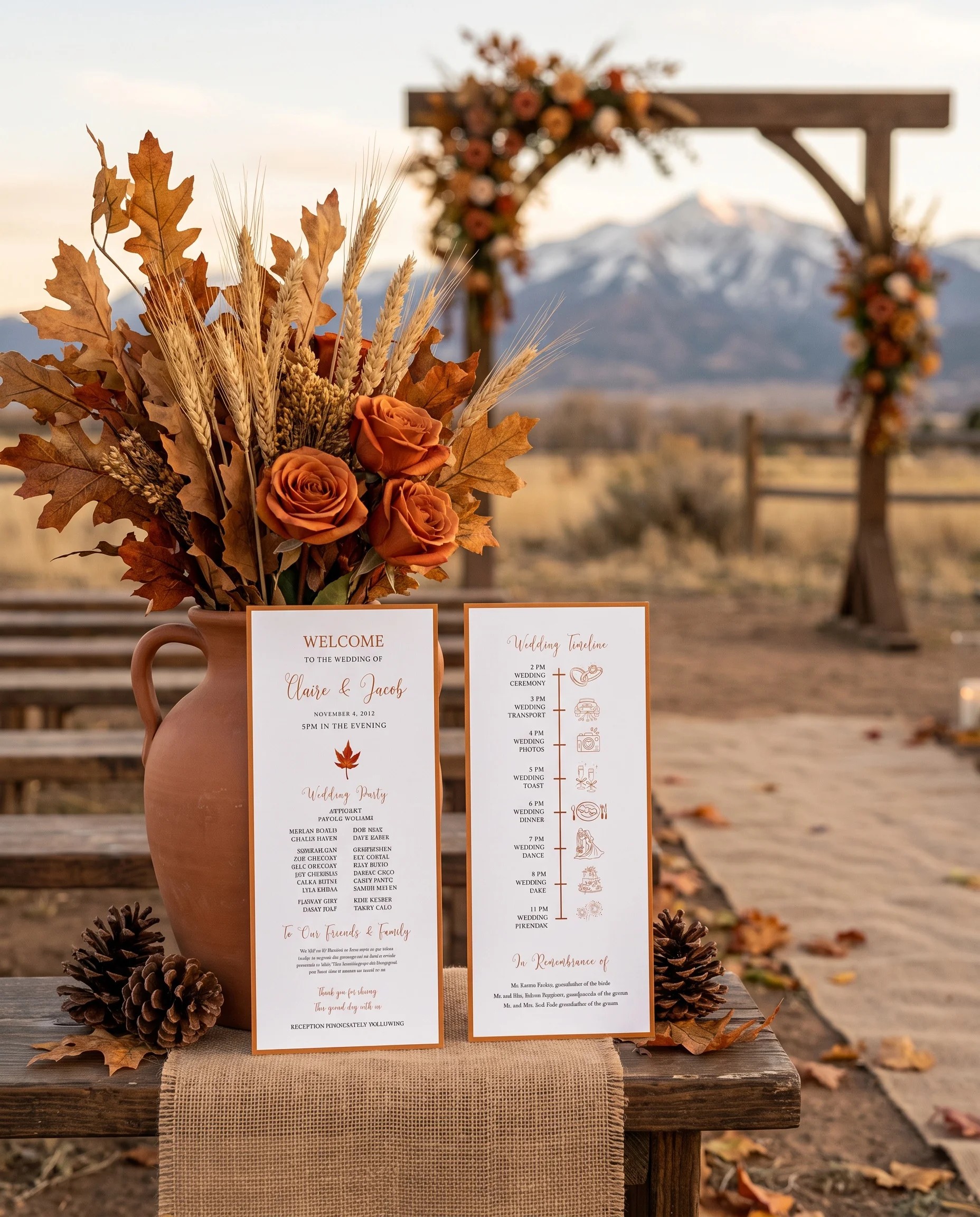 Autumn Vale wedding program — two flat card designs standing upright at a ceremony in soft natural light, wedding program template.