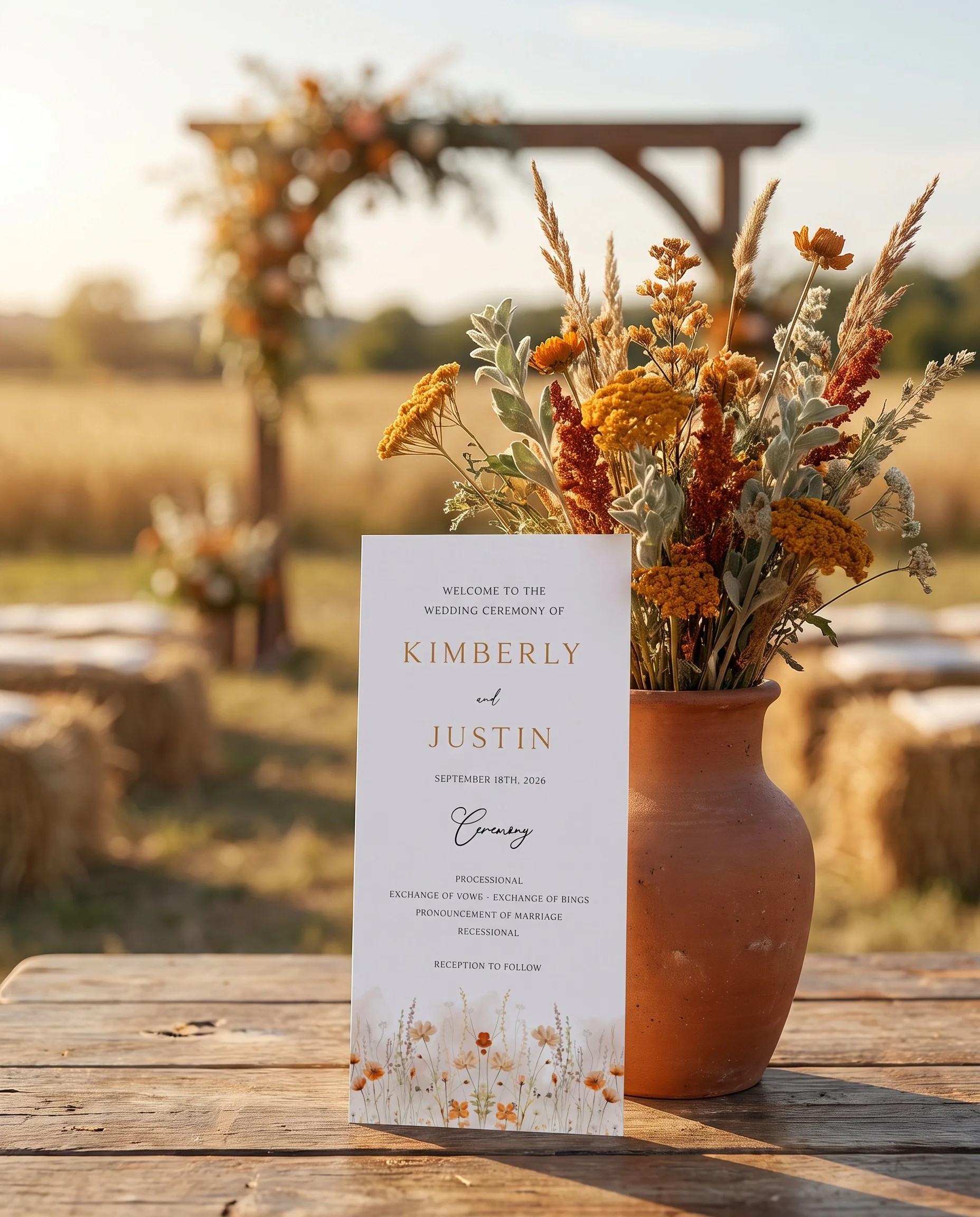 Amber Meadow wedding program — a single flat card shown from a slight overhead angle in soft natural light, wedding programs.